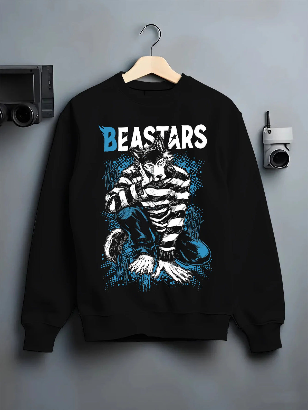 Black crewneck sweatshirt on hanger showing Legoshi from Beastars: wolf boy portrait