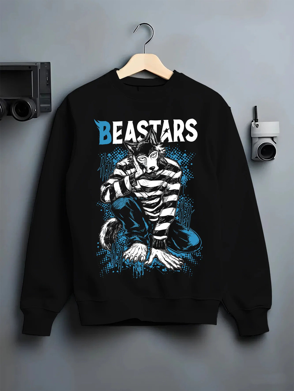 Black crewneck sweatshirt on hanger showing Legoshi from Beastars: wolf boy portrait