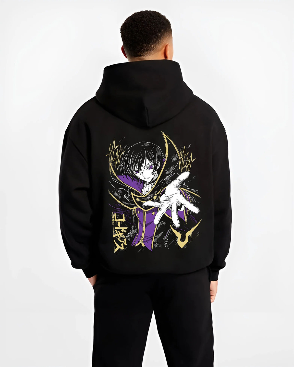Black hoodie model back view showing Lelouch vi Britannia from Code Geass: Code Geass