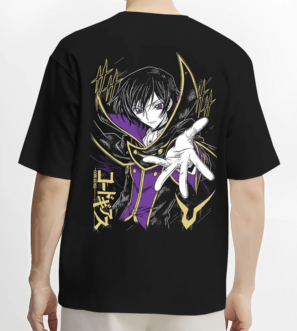 Black T-shirt model back view showing Lelouch vi Britannia from Code Geass: Code Geass