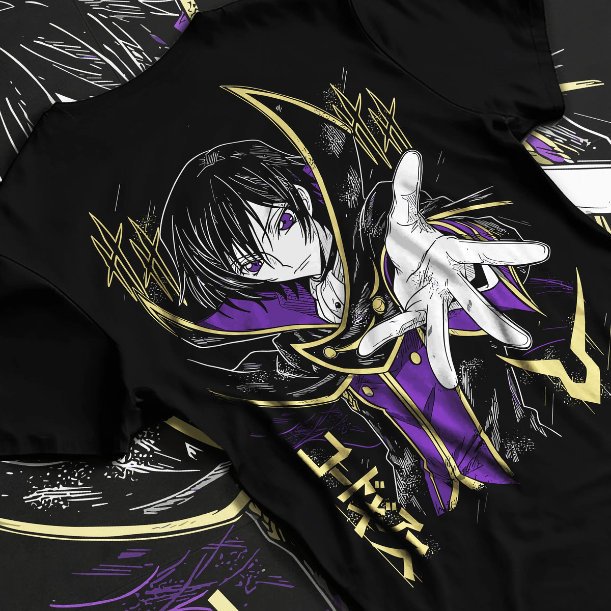 Black T-shirt flat back view showing Lelouch vi Britannia from Code Geass: Code Geass