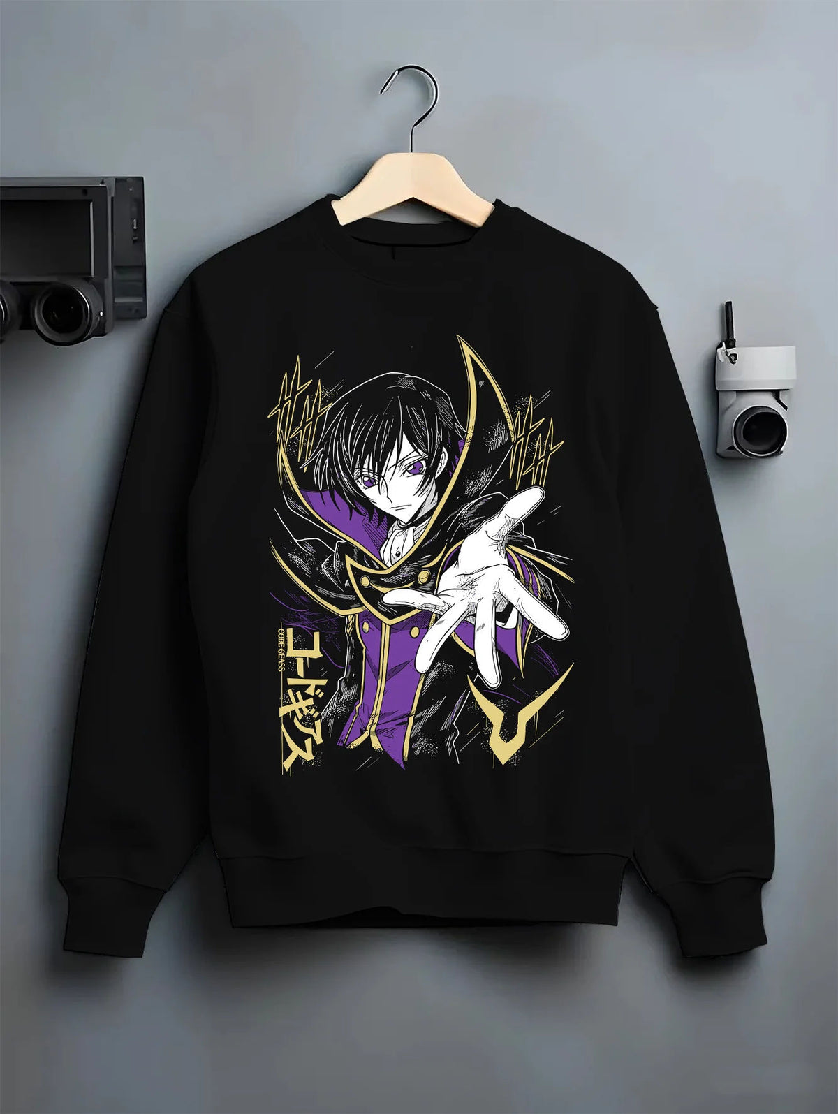 Black crewneck sweatshirt on hanger showing Lelouch vi Britannia from Code Geass: Code Geass