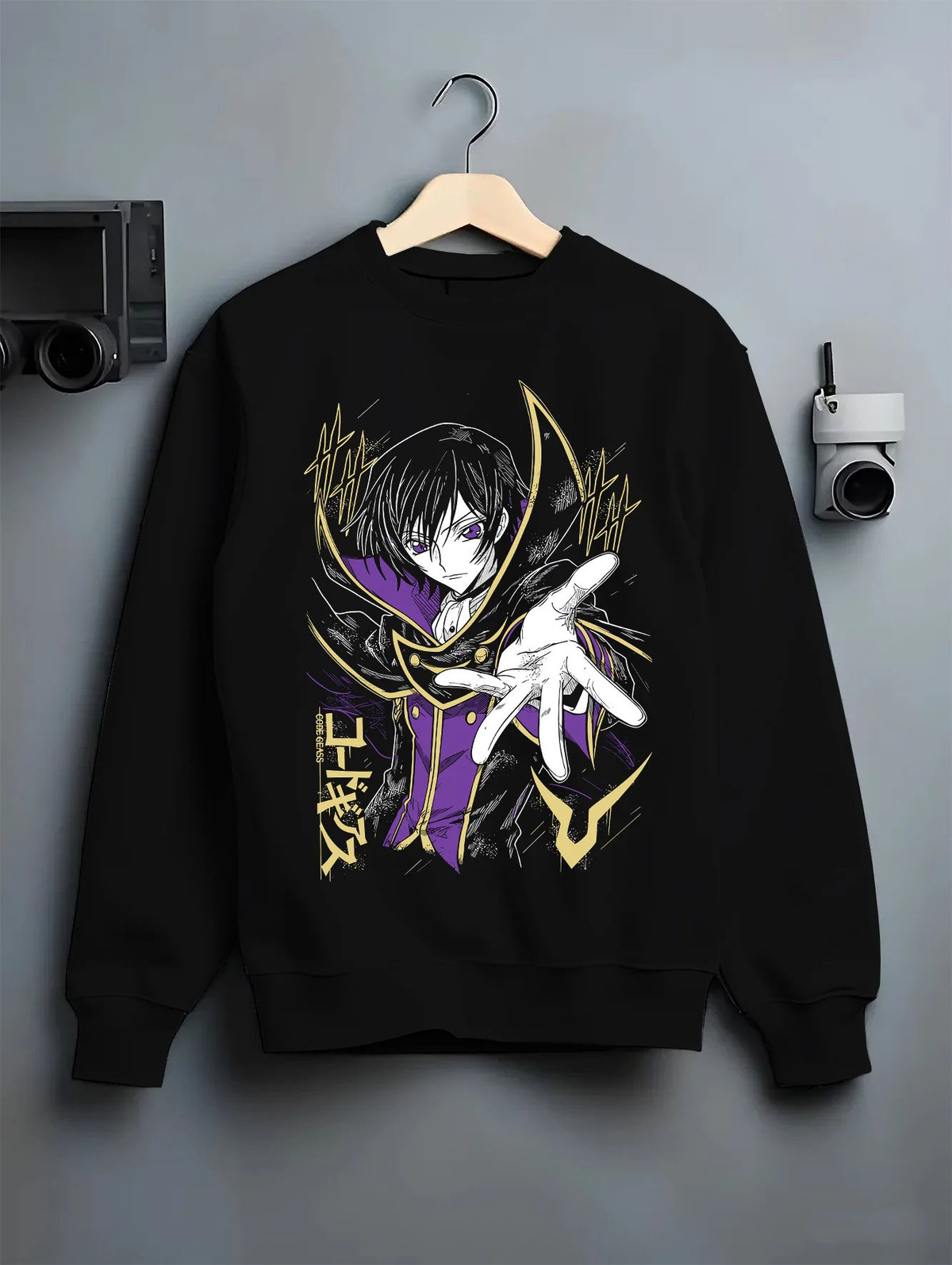 Black crewneck sweatshirt on hanger showing Lelouch vi Britannia from Code Geass: Code Geass