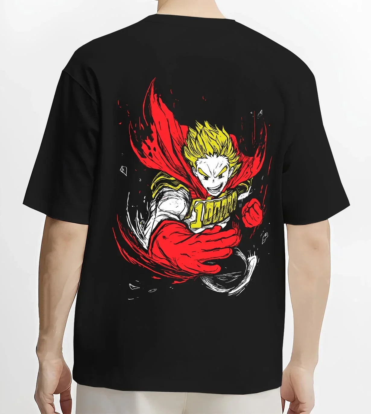 Black T-shirt worn by male model, back view with Kaiju No. 8 Monstrous Power Surge Hoodie Pose graphic streetwear graphic.