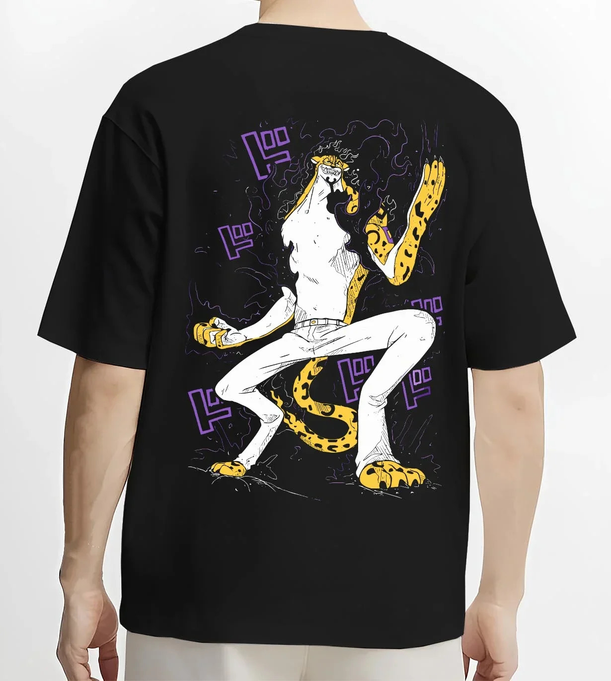 Black T-shirt worn by male model, back view with Kaiju No. 8 Fiery Transformation Hoodie Heroic graphic streetwear graphic.