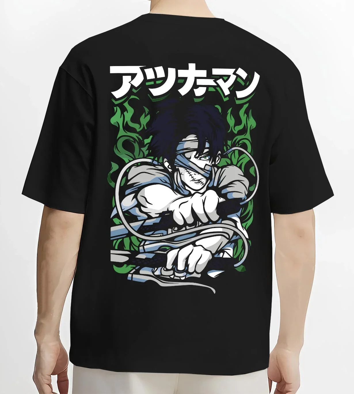 Black T-shirt worn by male model, back view with Demon Slayer Corps Blood Clash Hoodie Intense graphic premium wear.