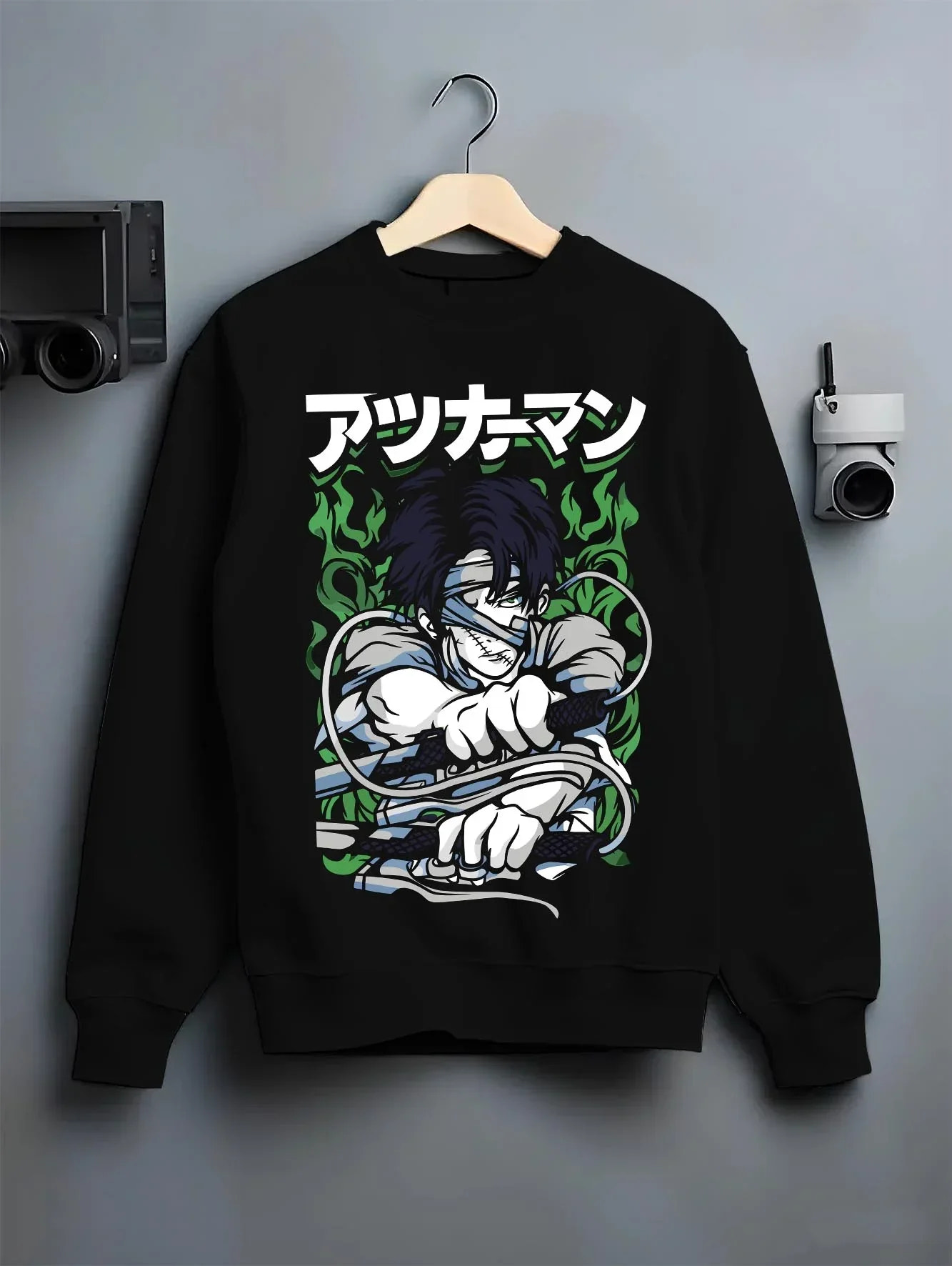 Black crewneck sweatshirt on hanger with Demon Slayer Corps Blood Clash Hoodie Intense graphic bold anime graphic.