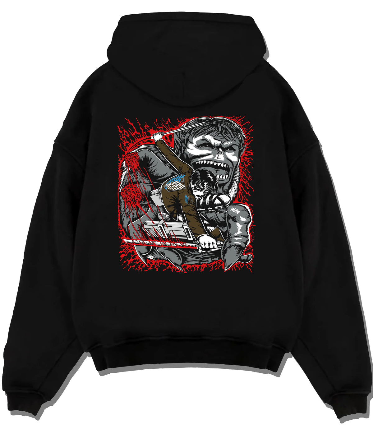 Black hoodie flat back view showing Levi Ackerman from Attack on Titan: blood-splattered face portrait