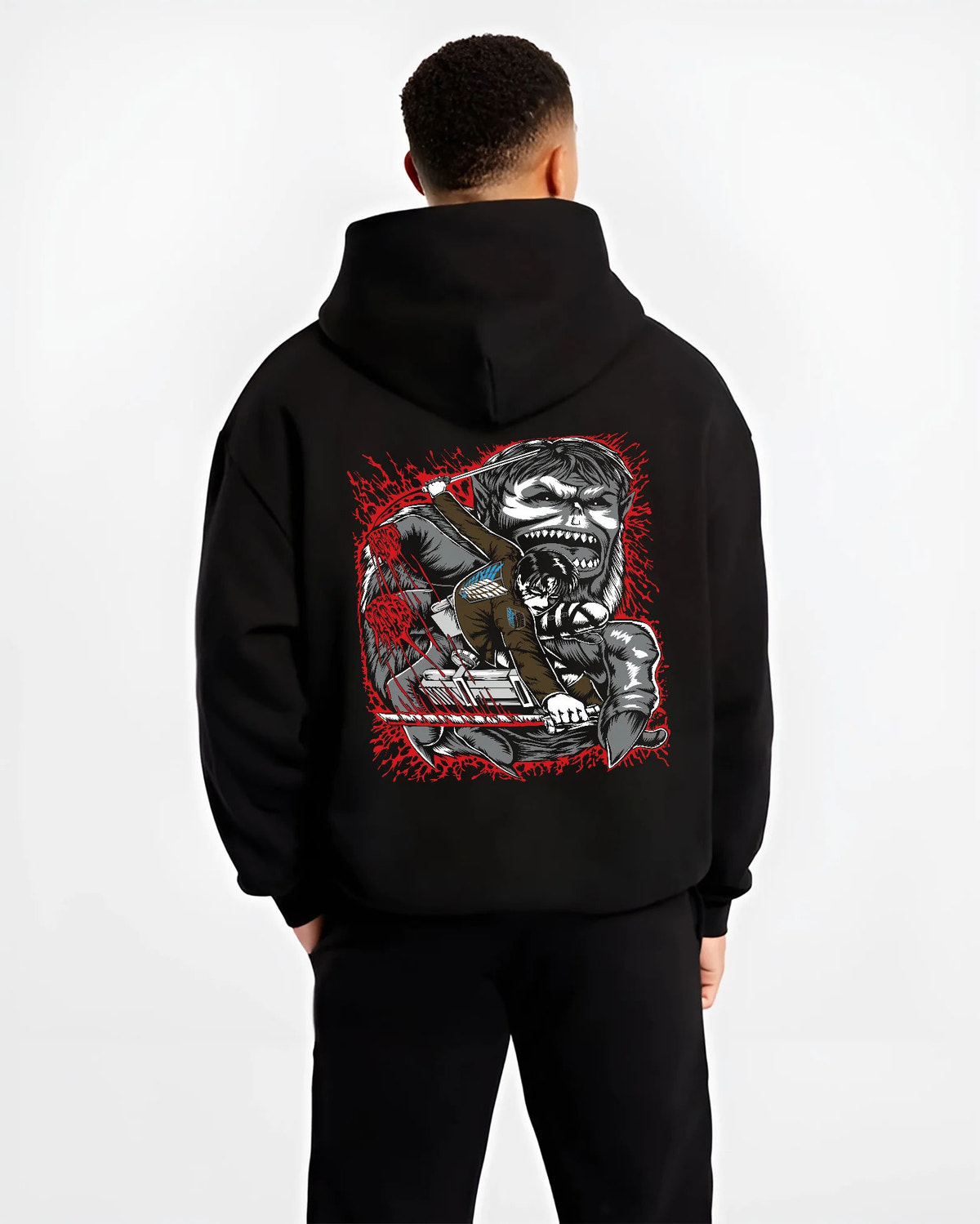 Black hoodie model back view showing Levi Ackerman from Attack on Titan: blood-splattered face portrait