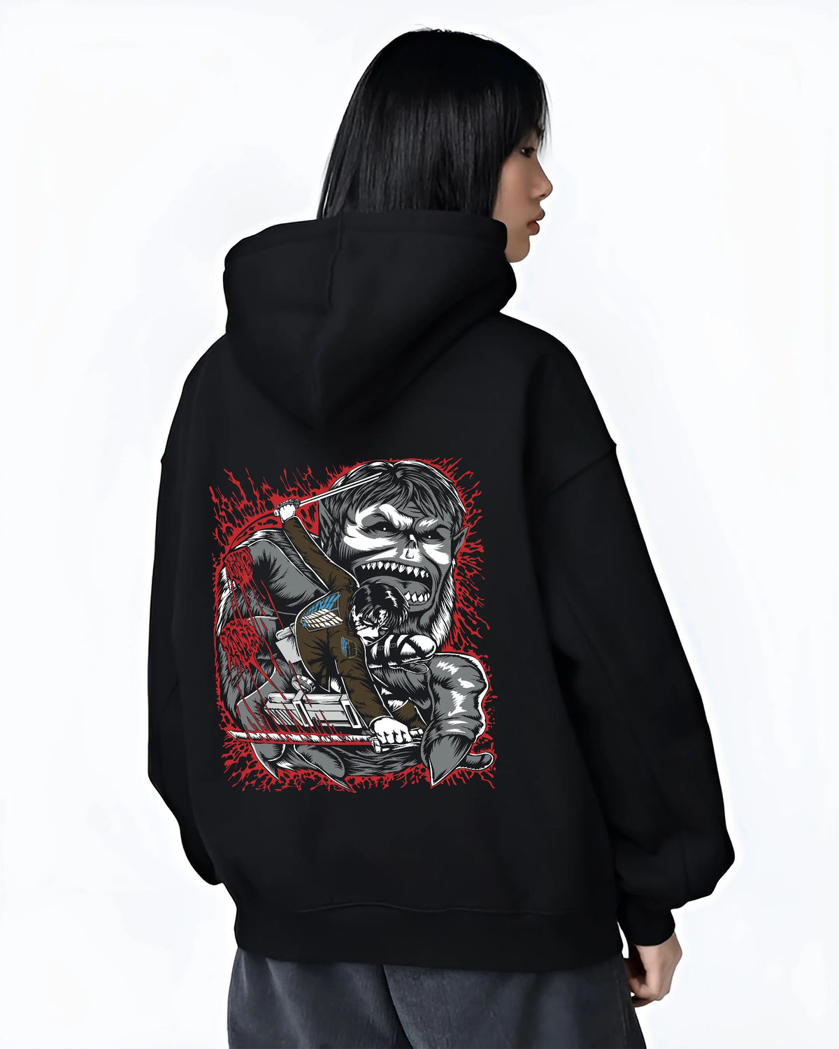 Black hoodie female model back view showing Levi Ackerman from Attack on Titan: blood-splattered face portrait