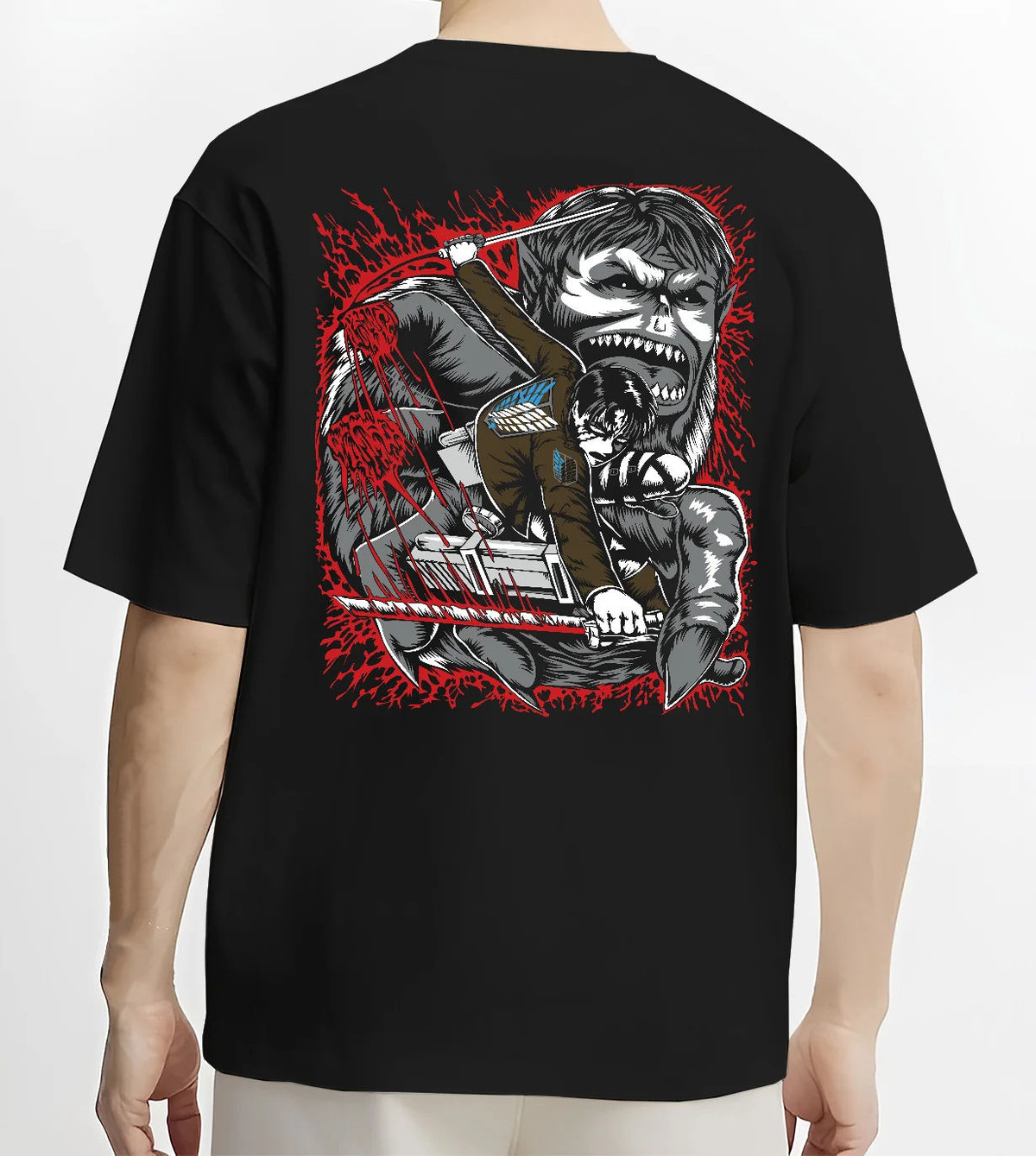 Black T-shirt model back view showing Levi Ackerman from Attack on Titan: blood-splattered face portrait