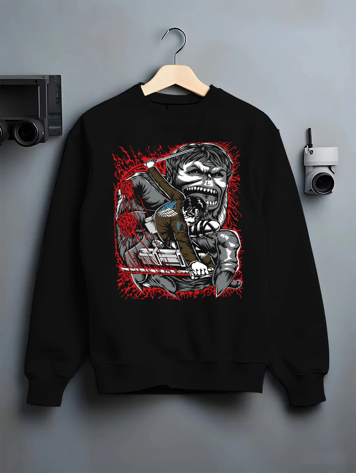 Black crewneck sweatshirt on hanger showing Levi Ackerman from Attack on Titan: blood-splattered face portrait