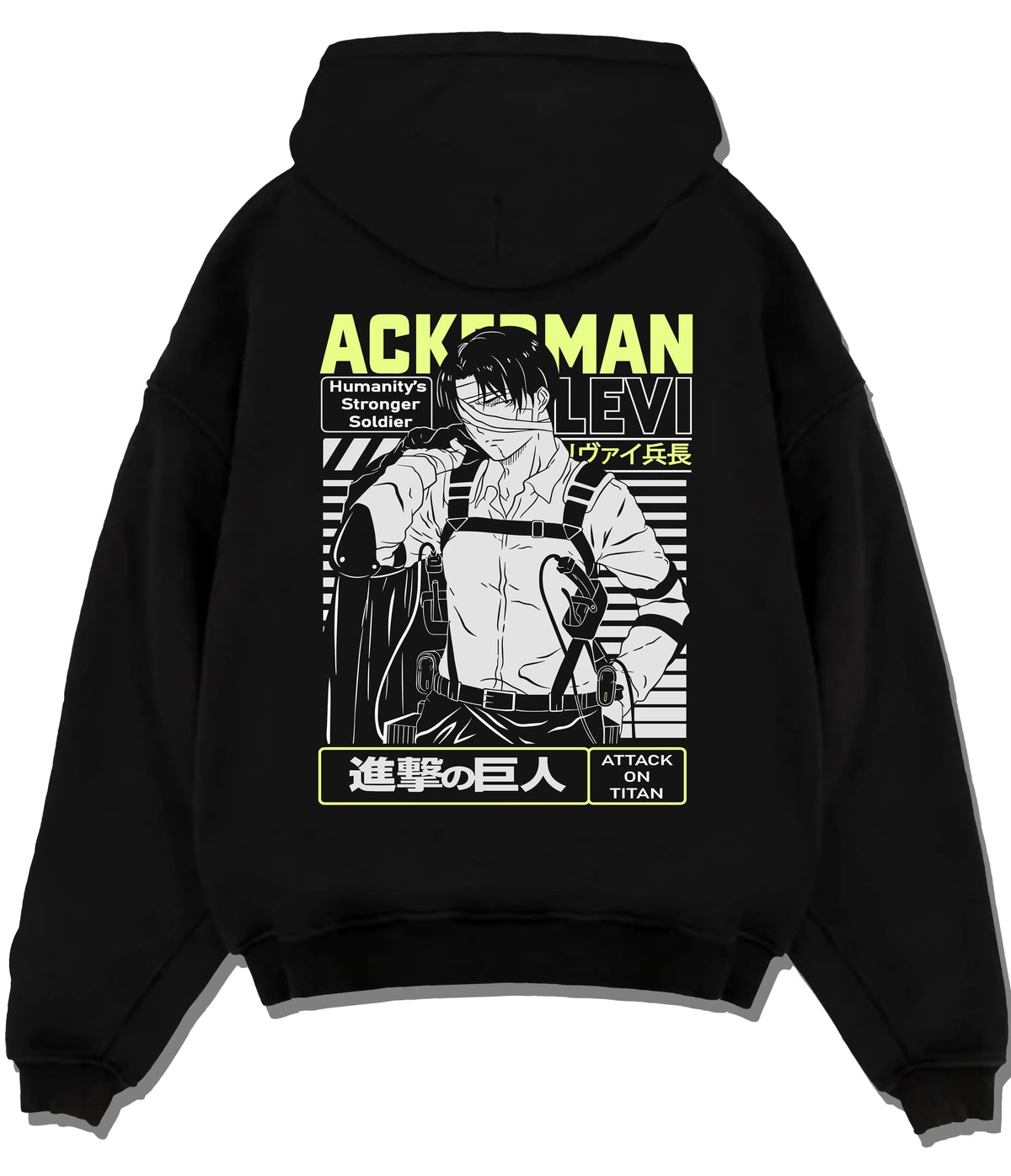 Black hoodie flat back view showing Levi Ackerman from Attack on Titan: Ackerman anime poster