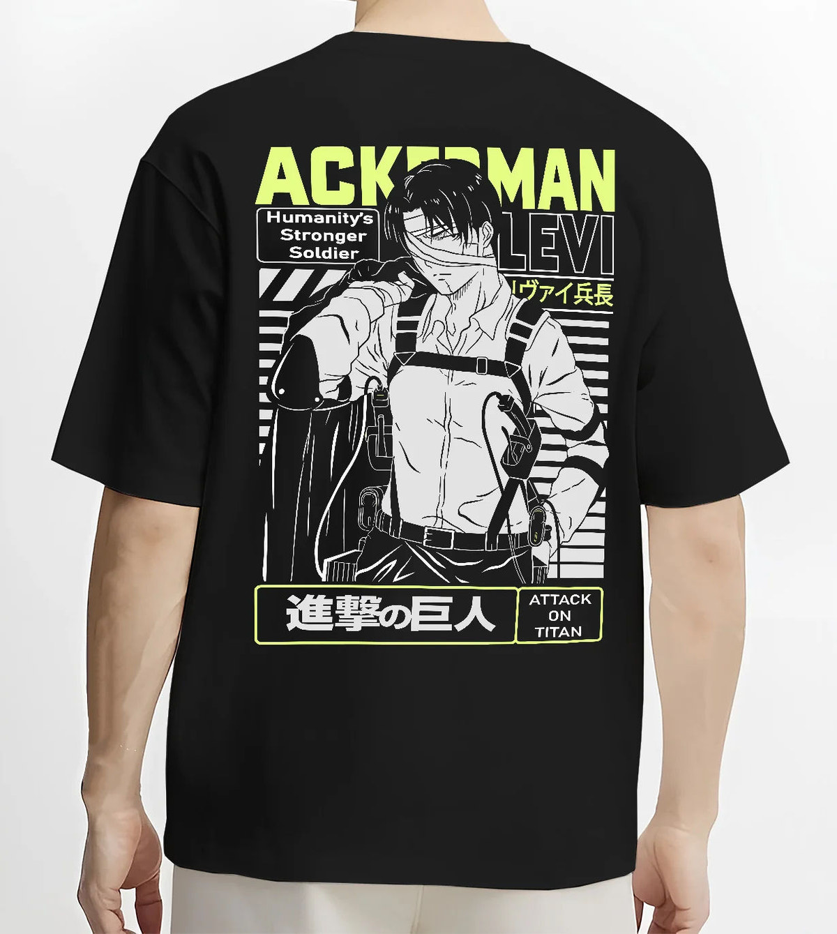 Black T-shirt model back view showing Levi Ackerman from Attack on Titan: Ackerman anime poster