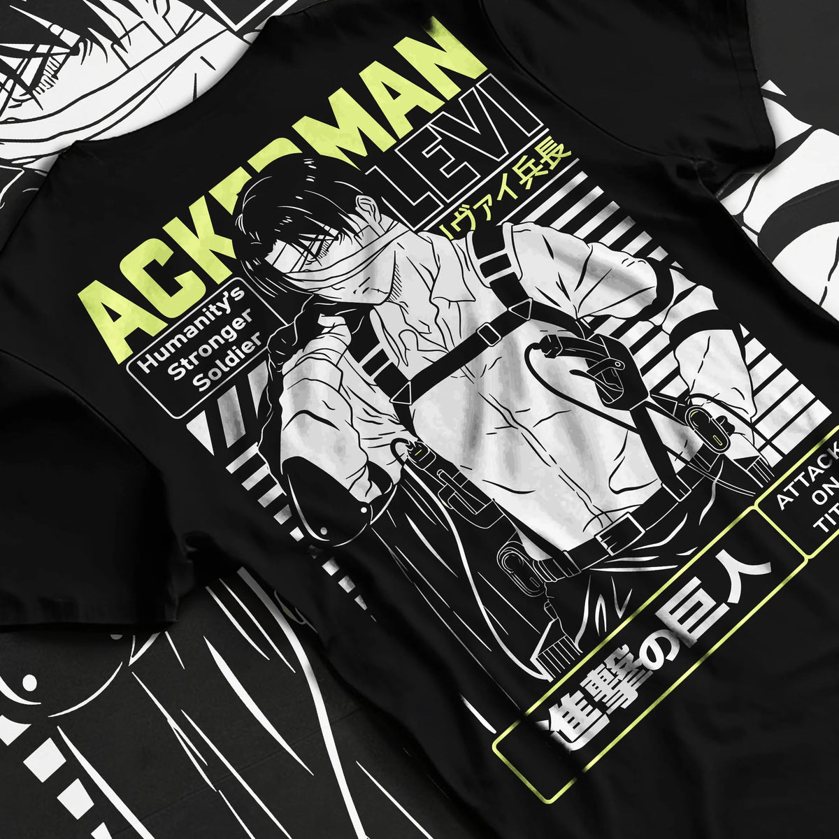 Black T-shirt flat back view showing Levi Ackerman from Attack on Titan: Ackerman anime poster