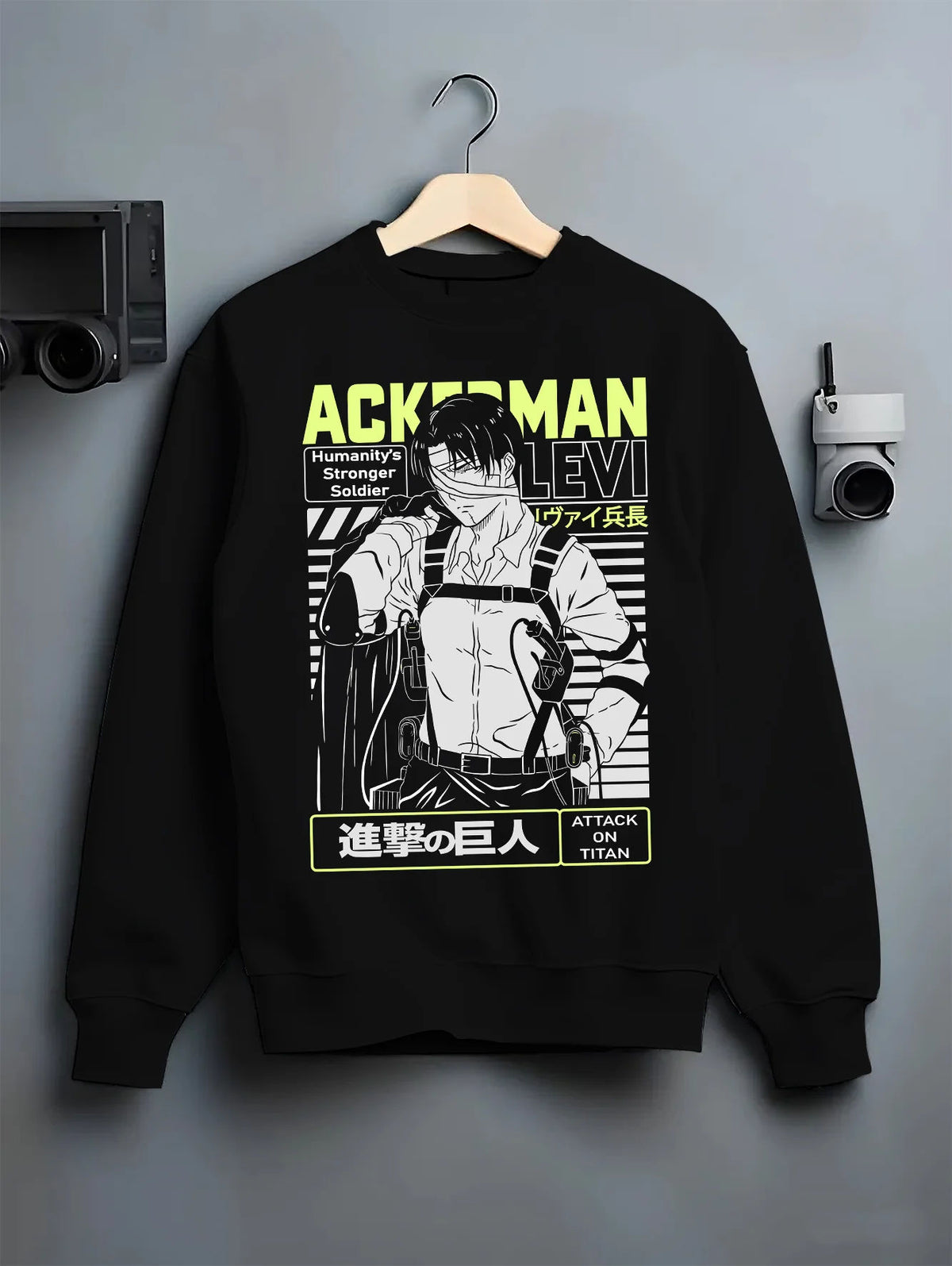 Black crewneck sweatshirt on hanger showing Levi Ackerman from Attack on Titan: Ackerman anime poster