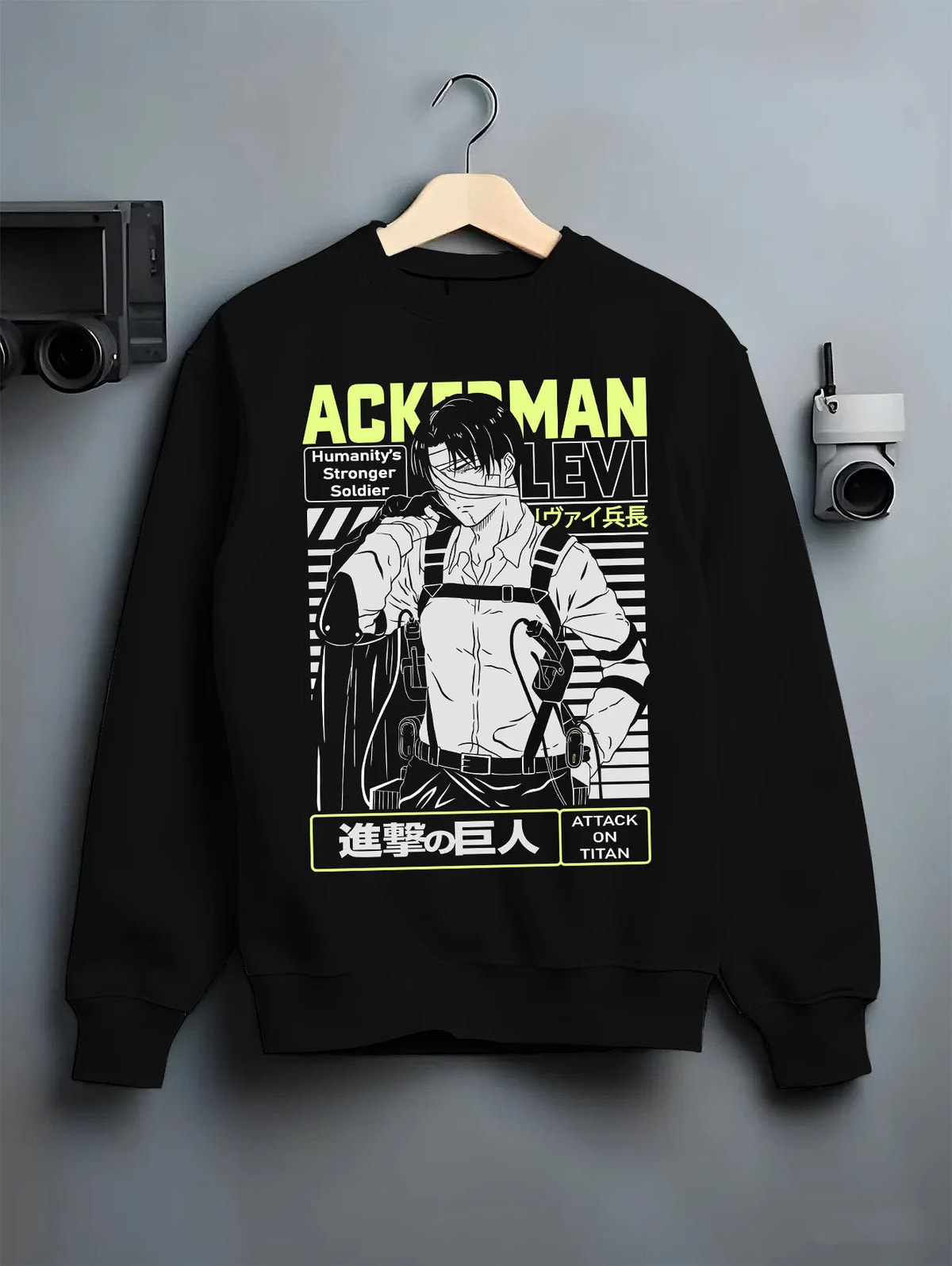 Black crewneck sweatshirt on hanger showing Levi Ackerman from Attack on Titan: Ackerman anime poster