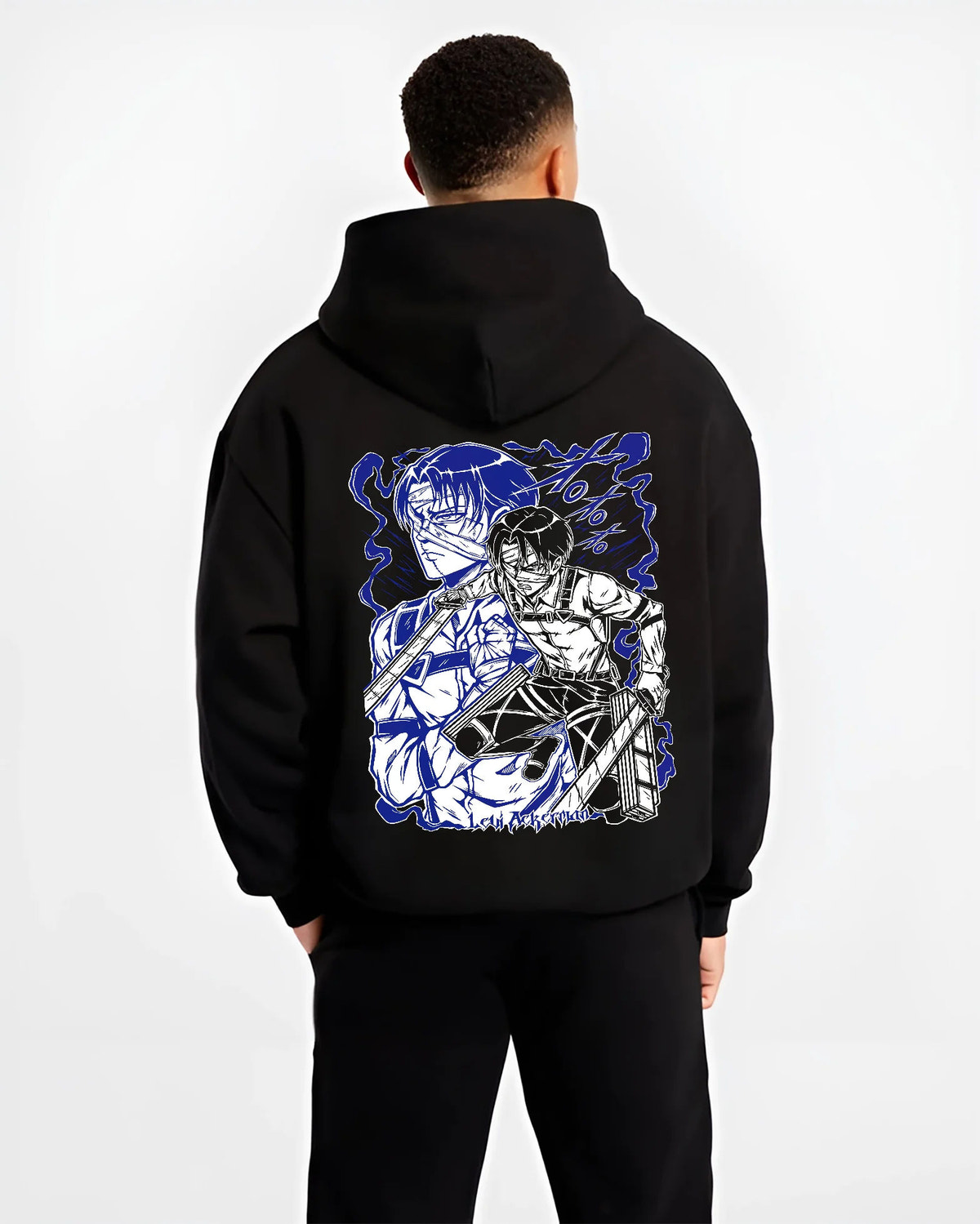 Black hoodie model back view showing Levi Ackerman from Attack on Titan: blue manga portrait