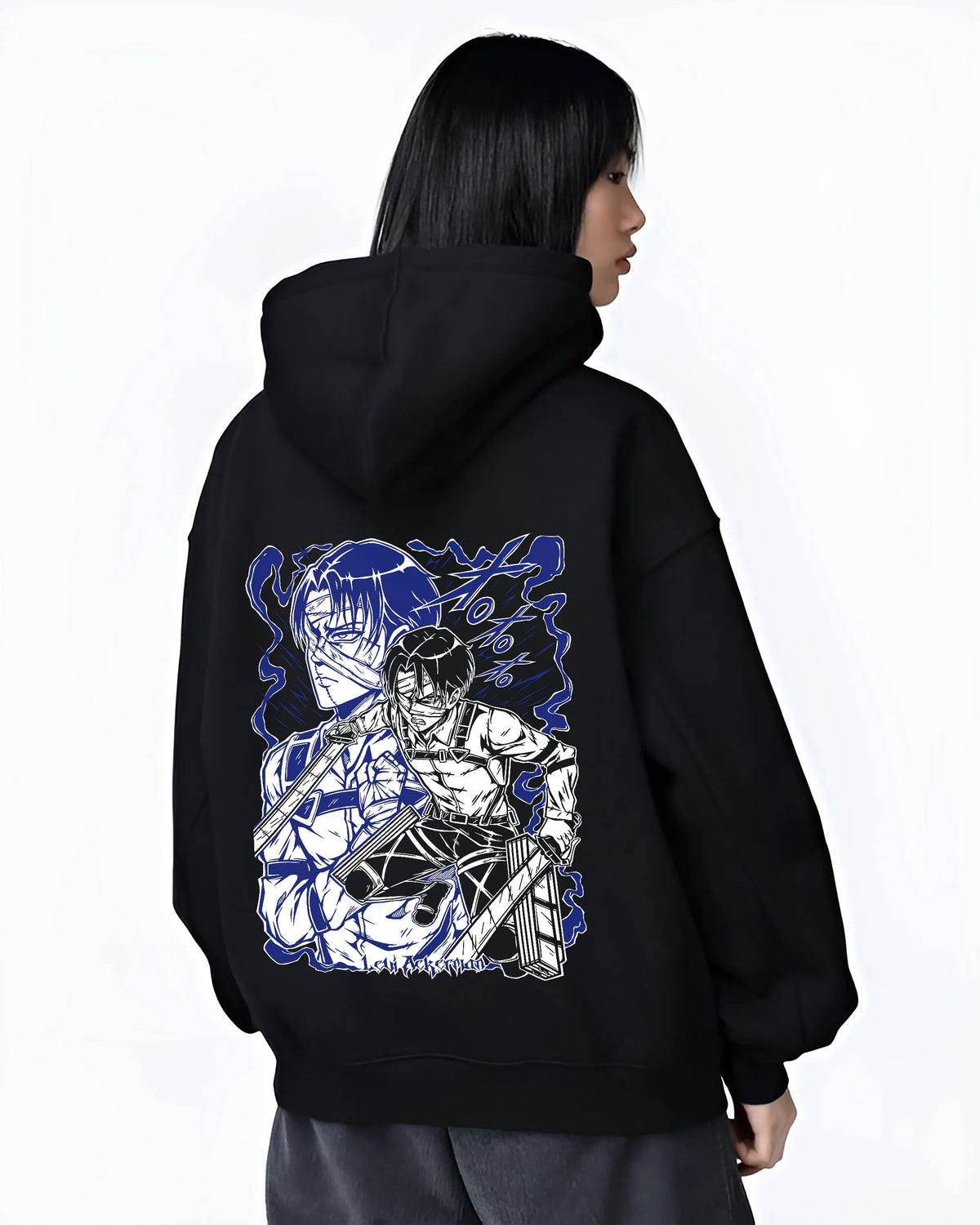 Black hoodie female model back view showing Levi Ackerman from Attack on Titan: blue manga portrait