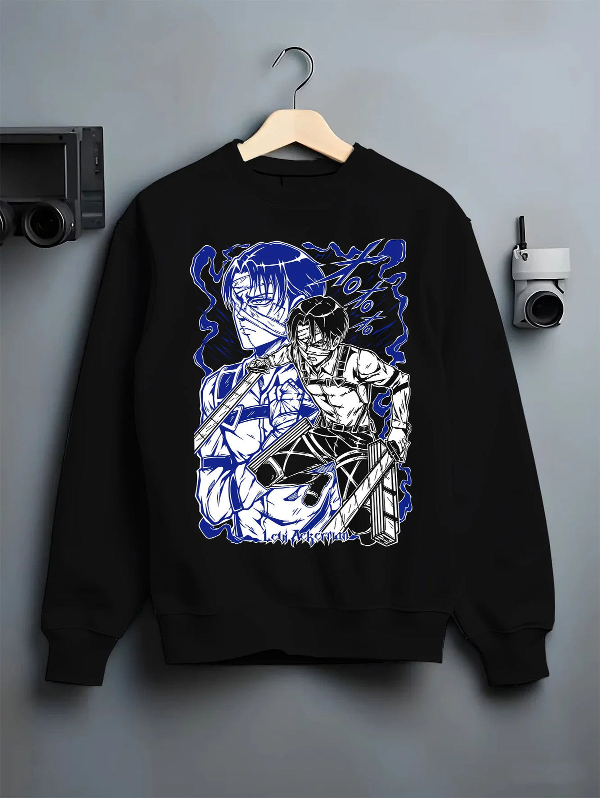 Black crewneck sweatshirt on hanger showing Levi Ackerman from Attack on Titan: blue manga portrait
