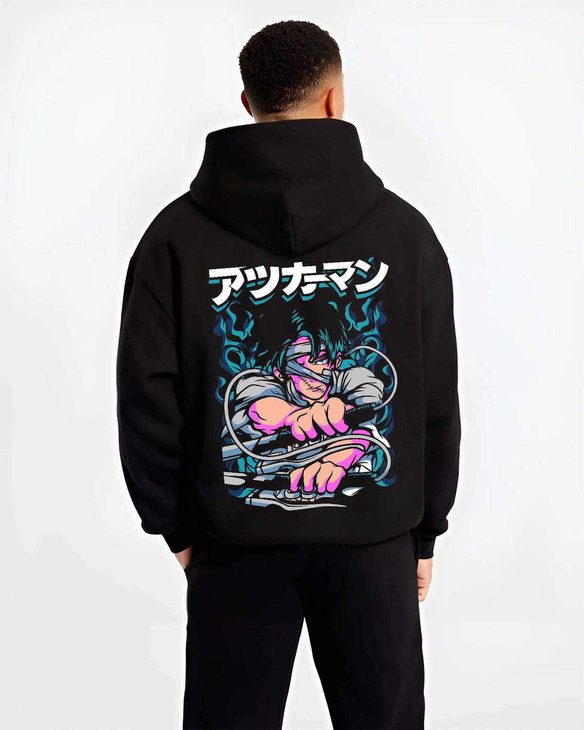 Black hoodie model back view showing Levi Ackerman from Attack on Titan: green/blue manga action
