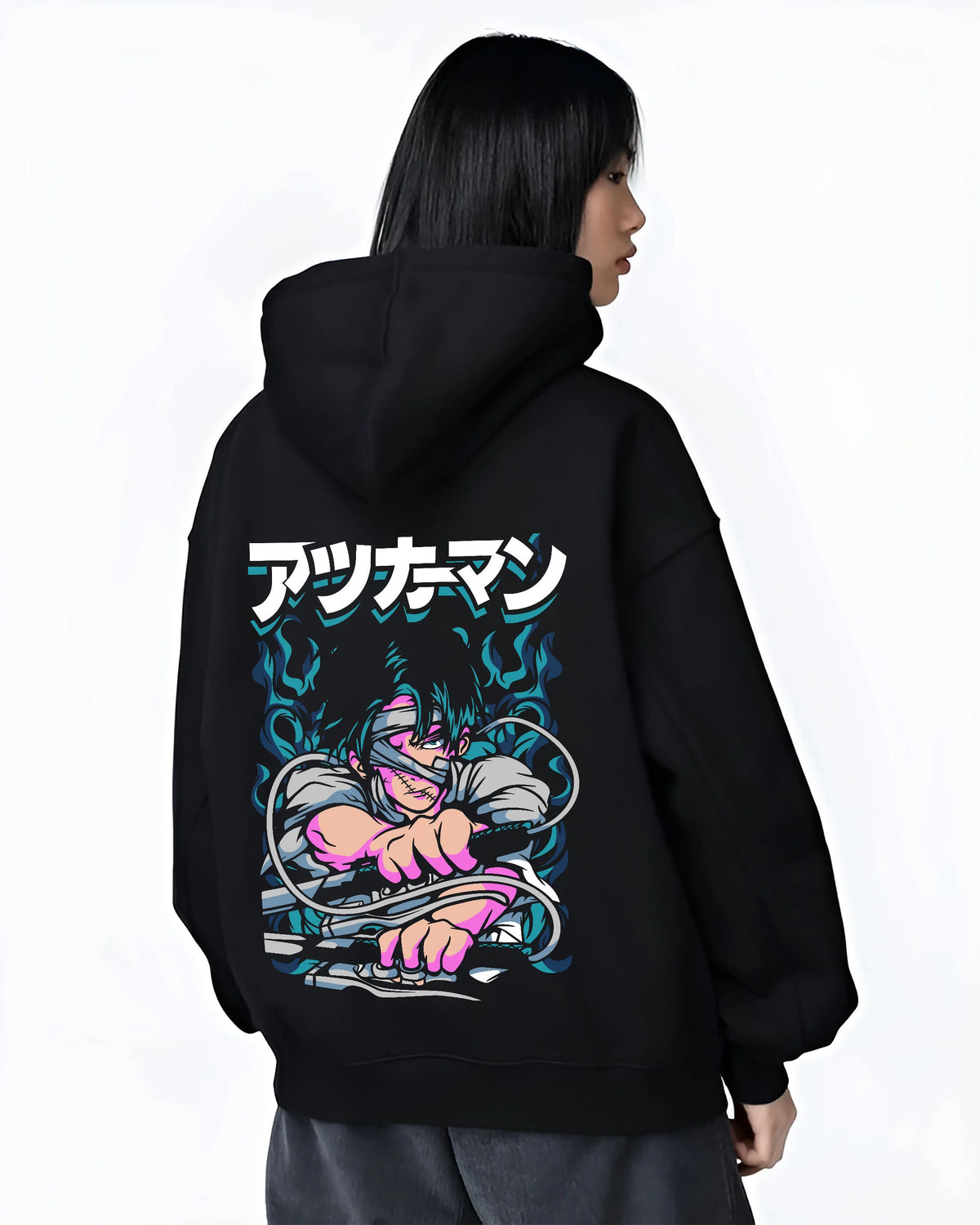 Black hoodie female model back view showing Levi Ackerman from Attack on Titan: green/blue manga action