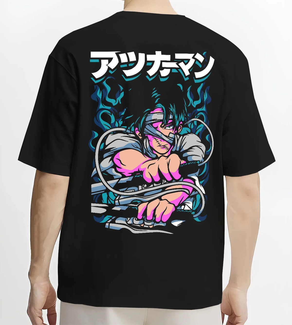 Black T-shirt model back view showing Levi Ackerman from Attack on Titan: green/blue manga action