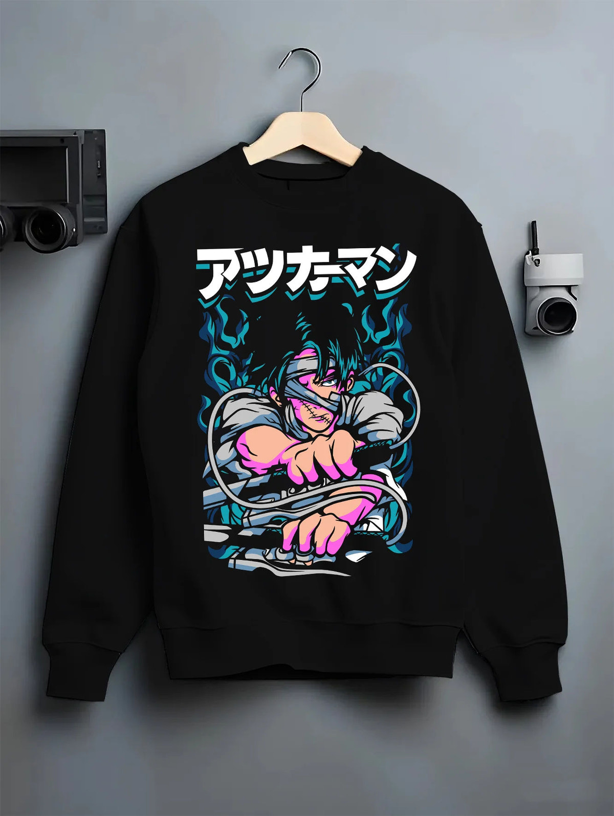 Black crewneck sweatshirt on hanger showing Levi Ackerman from Attack on Titan: green/blue manga action