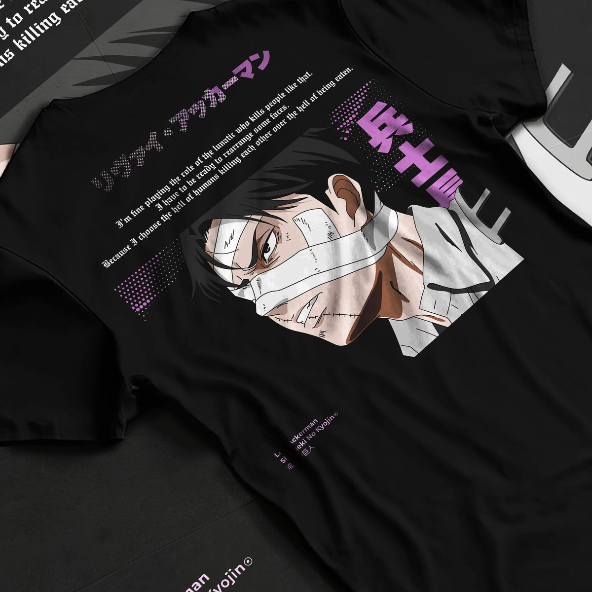 Black T-shirt flat back view showing Levi Ackerman from Attack on Titan: bandaged eye manga portrait