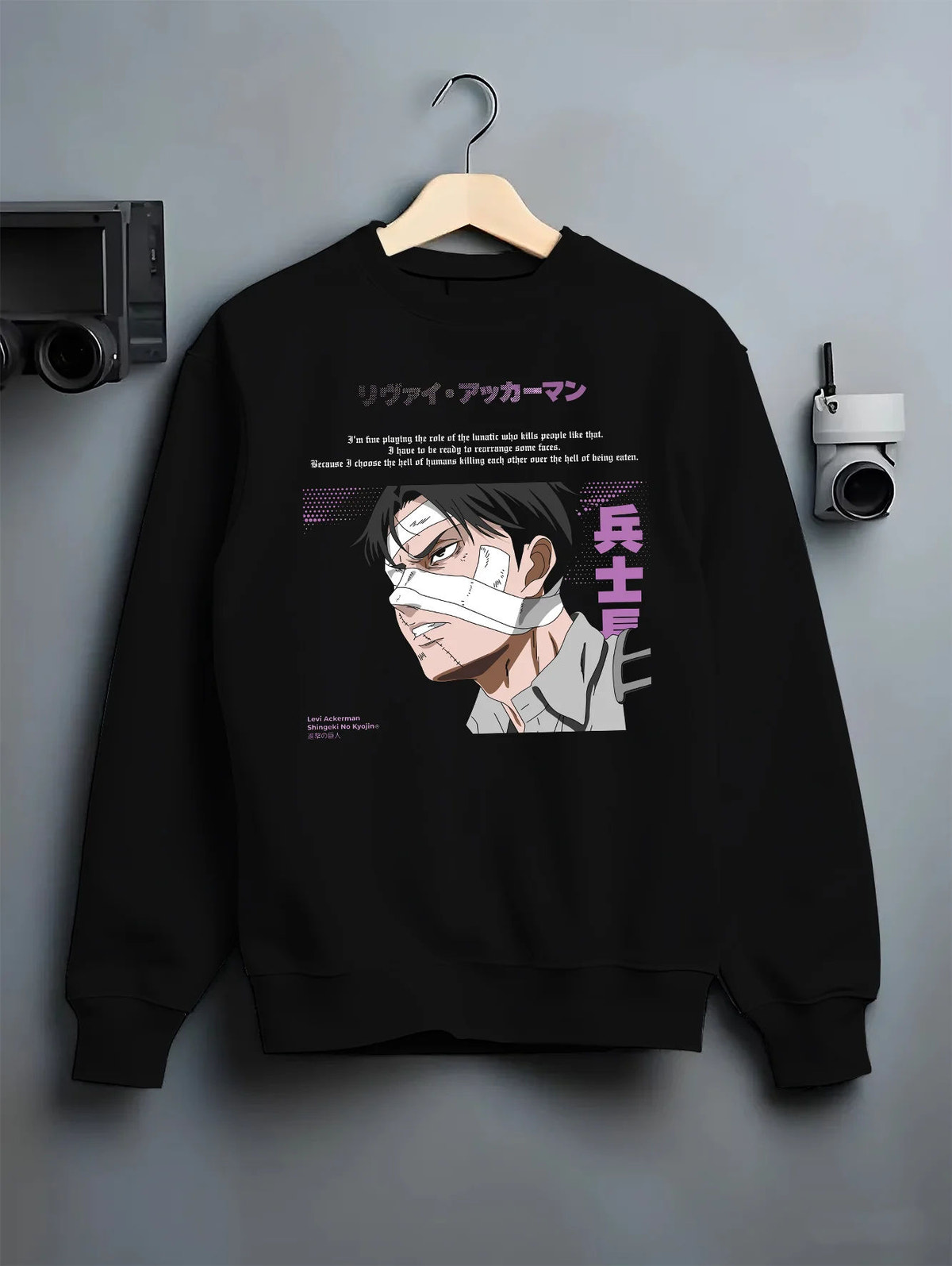 Black crewneck sweatshirt on hanger showing Levi Ackerman from Attack on Titan: bandaged eye manga portrait