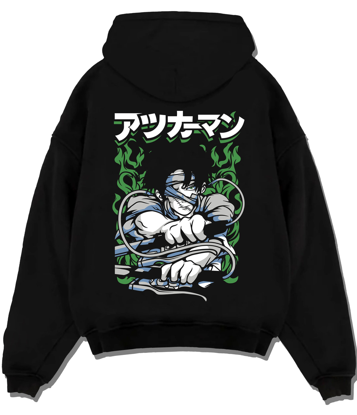 Black hoodie flat back view showing Levi Ackerman from Attack on Titan: arms-folded Survey Corps portrait