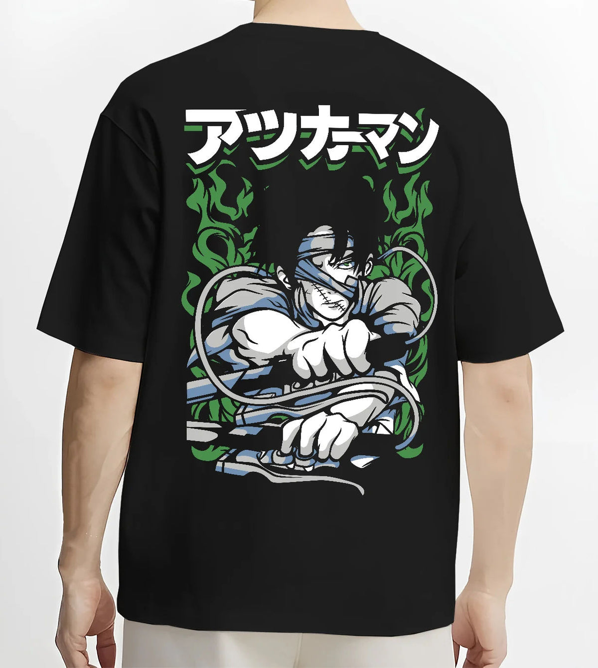 Black T-shirt model back view showing Levi Ackerman from Attack on Titan: arms-folded Survey Corps portrait
