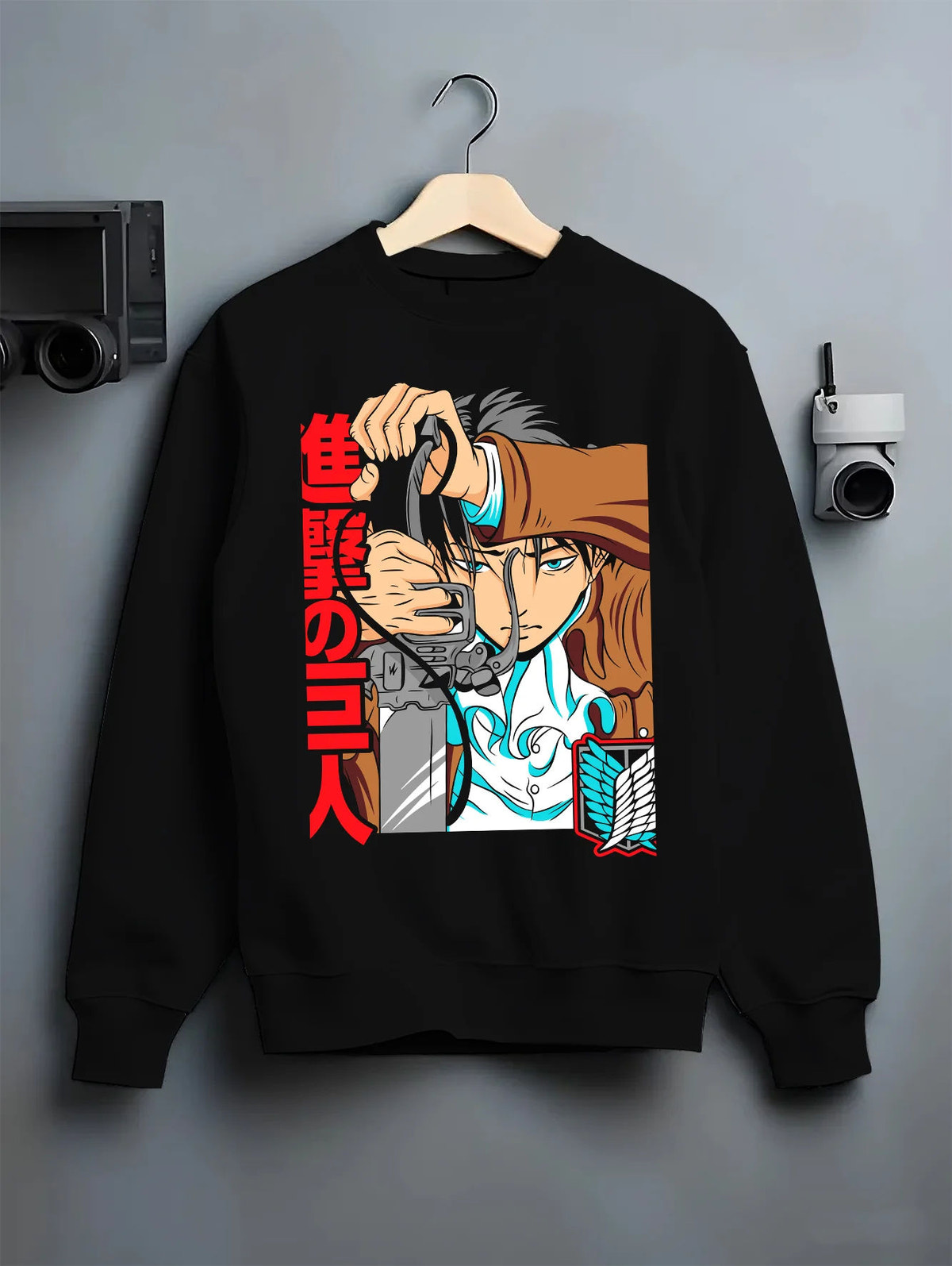 Black crewneck sweatshirt on hanger showing Levi Ackerman from Attack on Titan: forehead bandage close-up
