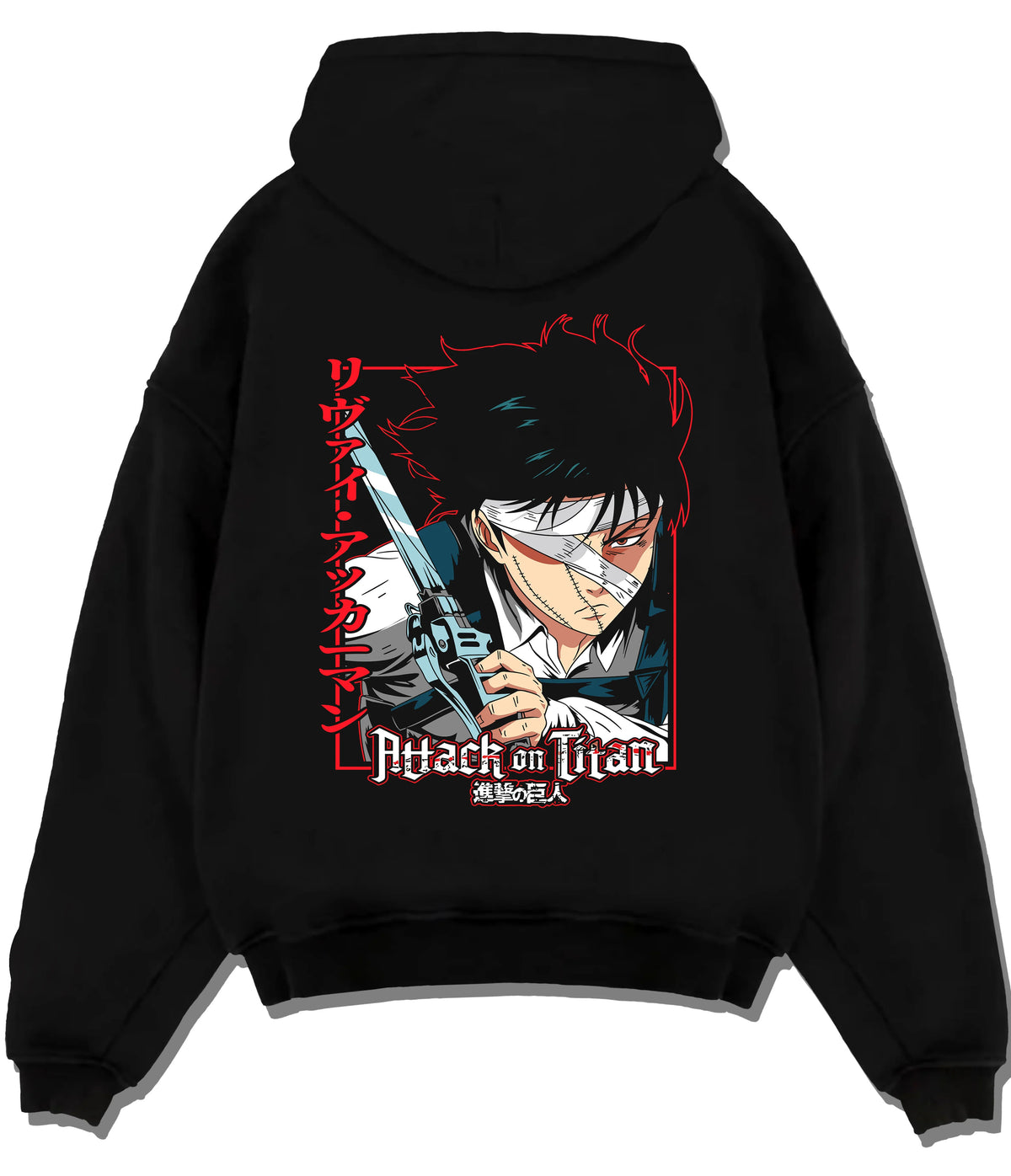 Black hoodie flat back view showing Levi Ackerman from Attack on Titan: dual swords attack