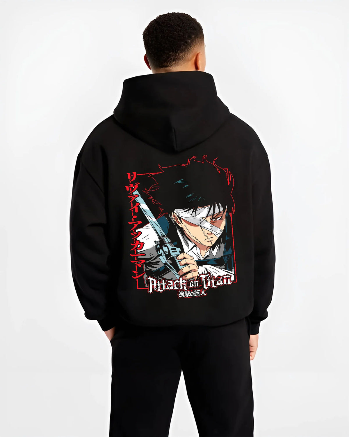Black hoodie model back view showing Levi Ackerman from Attack on Titan: dual swords attack