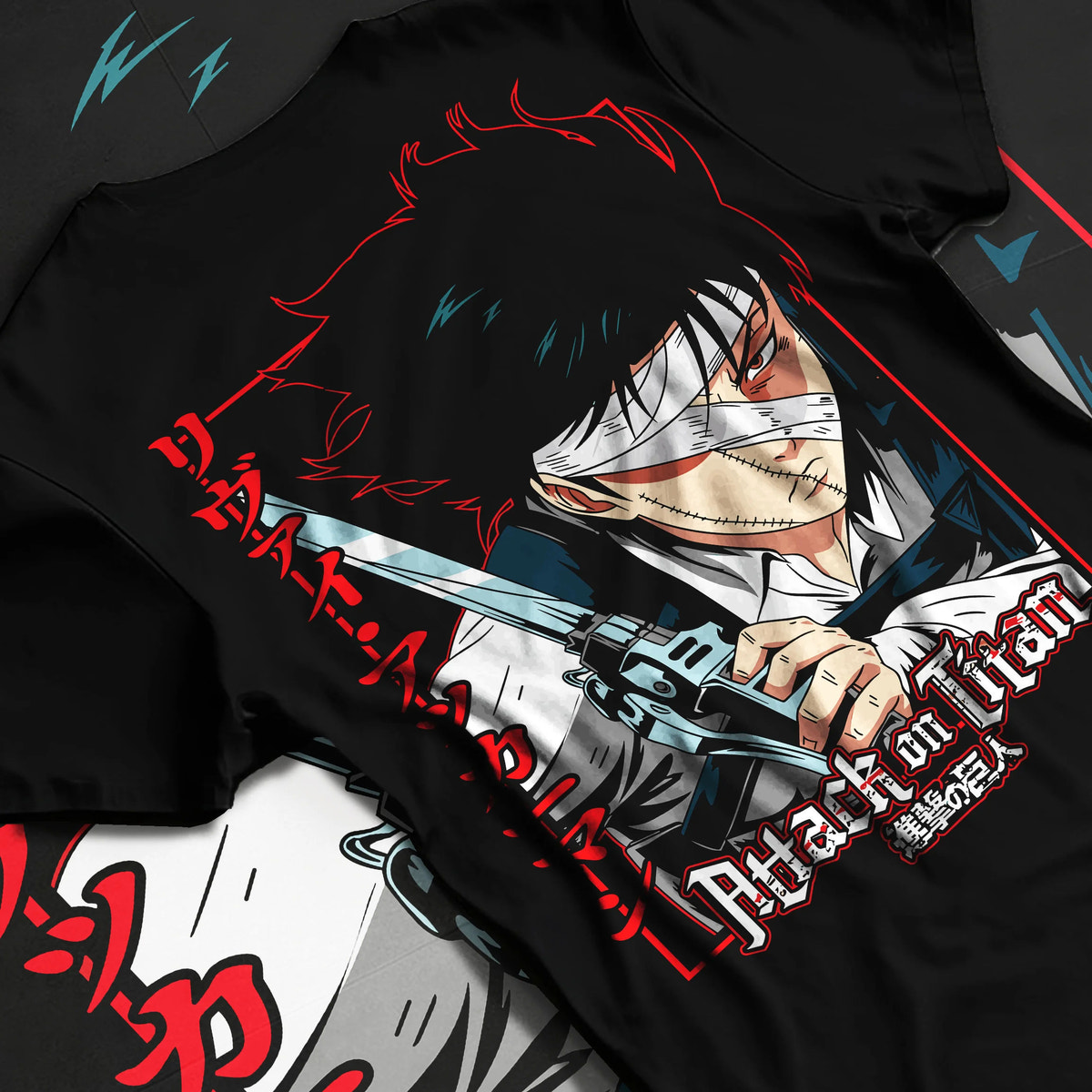 Black T-shirt flat back view showing Levi Ackerman from Attack on Titan: dual swords attack