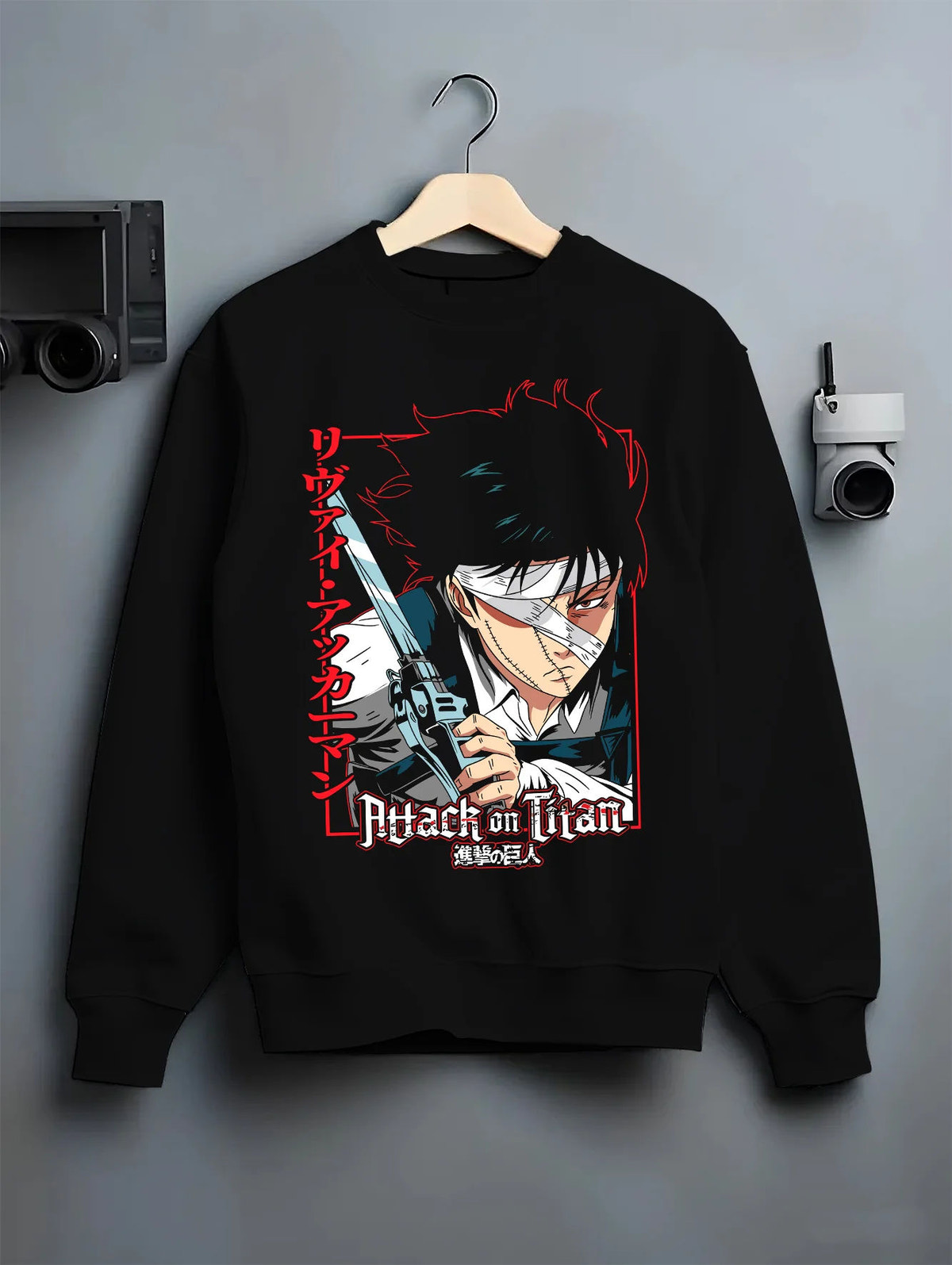 Black crewneck sweatshirt on hanger showing Levi Ackerman from Attack on Titan: dual swords attack