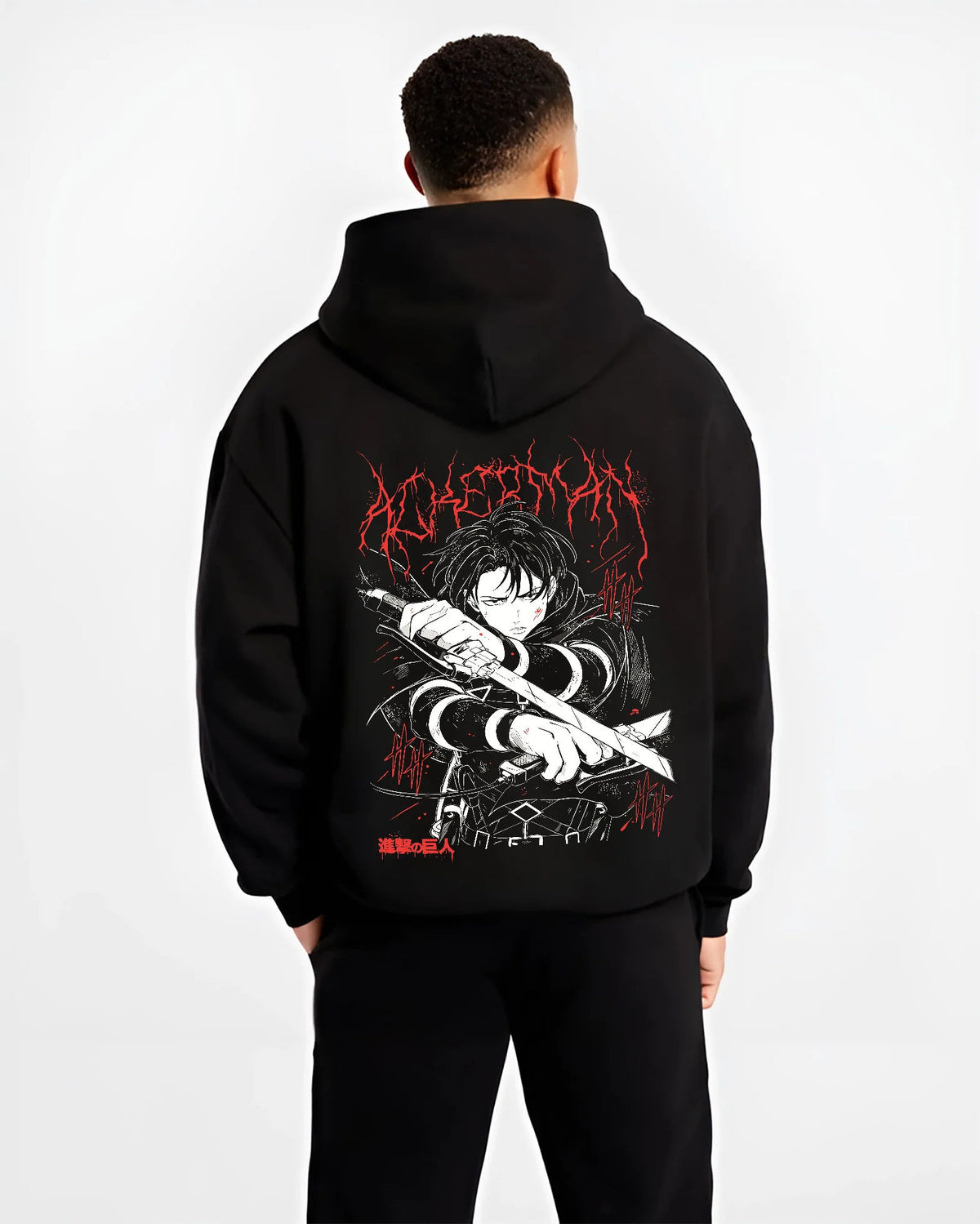 Black hoodie model back view showing Levi Ackerman from Attack on Titan: dark sword fighter design