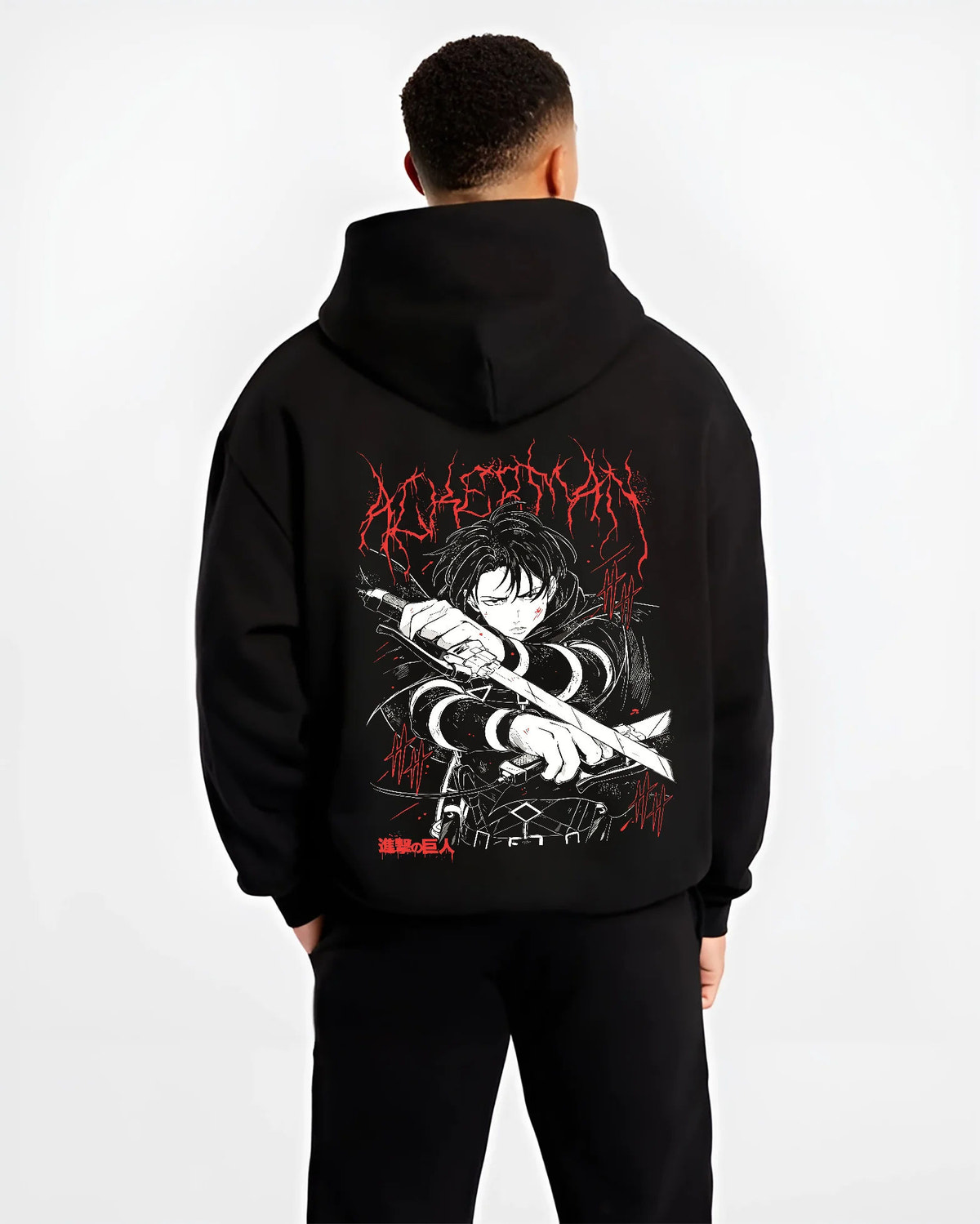 Black hoodie model back view showing Levi Ackerman from Attack on Titan: dark sword fighter design