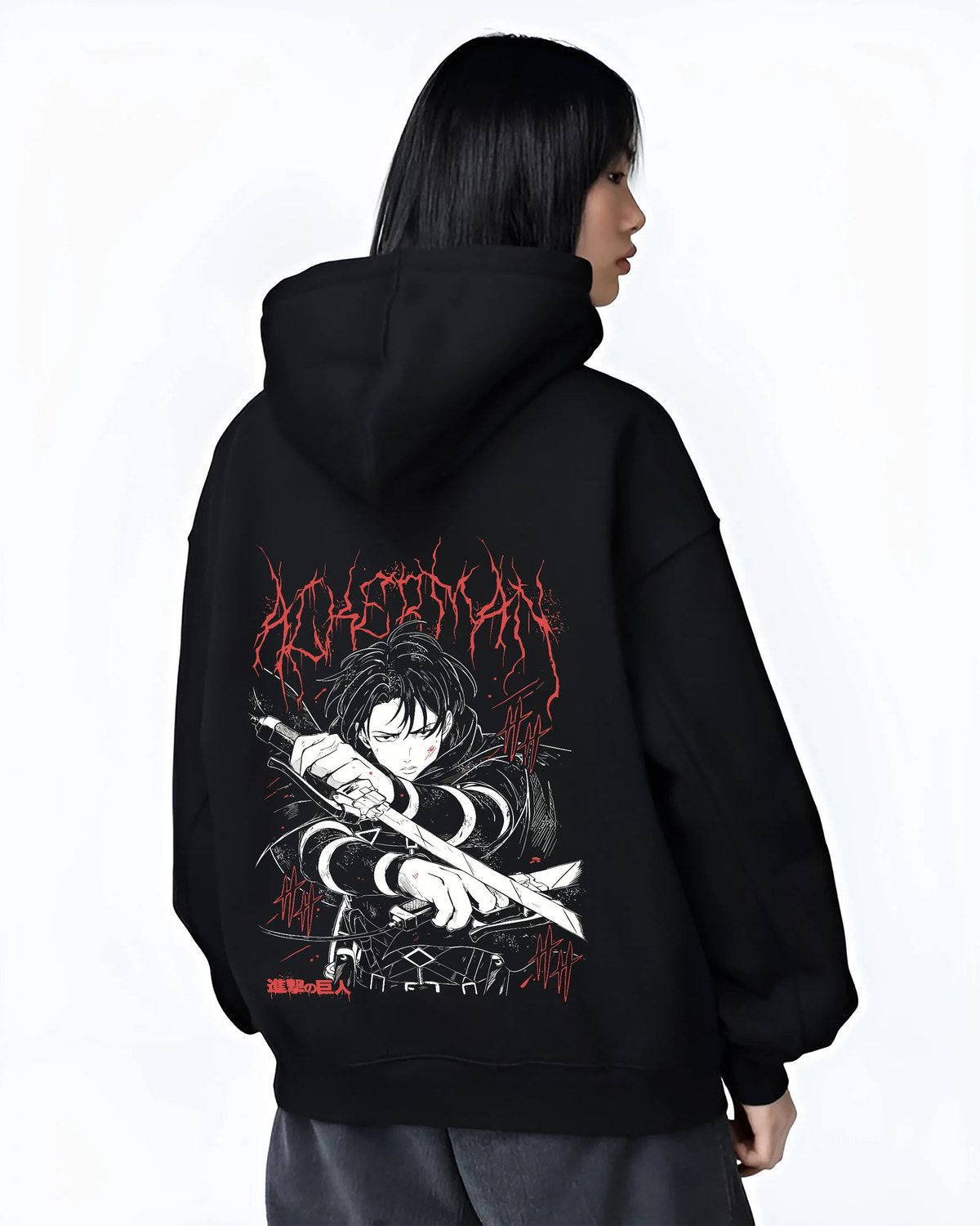Black hoodie female model back view showing Levi Ackerman from Attack on Titan: dark sword fighter design