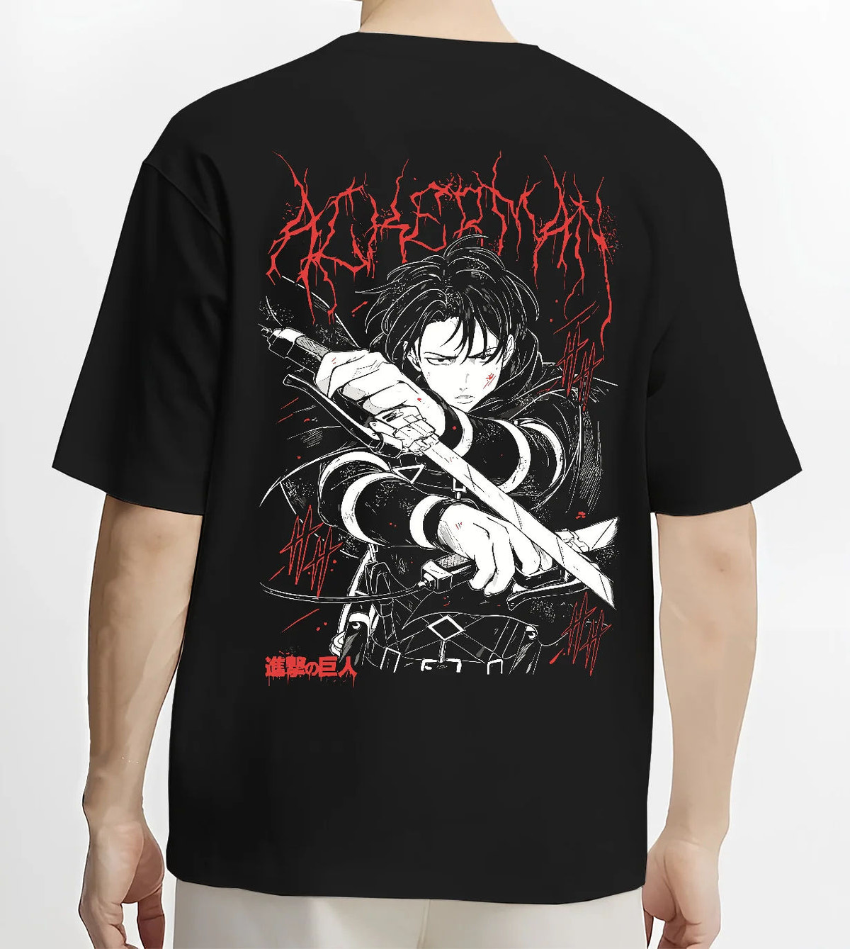 Black T-shirt model back view showing Levi Ackerman from Attack on Titan: dark sword fighter design
