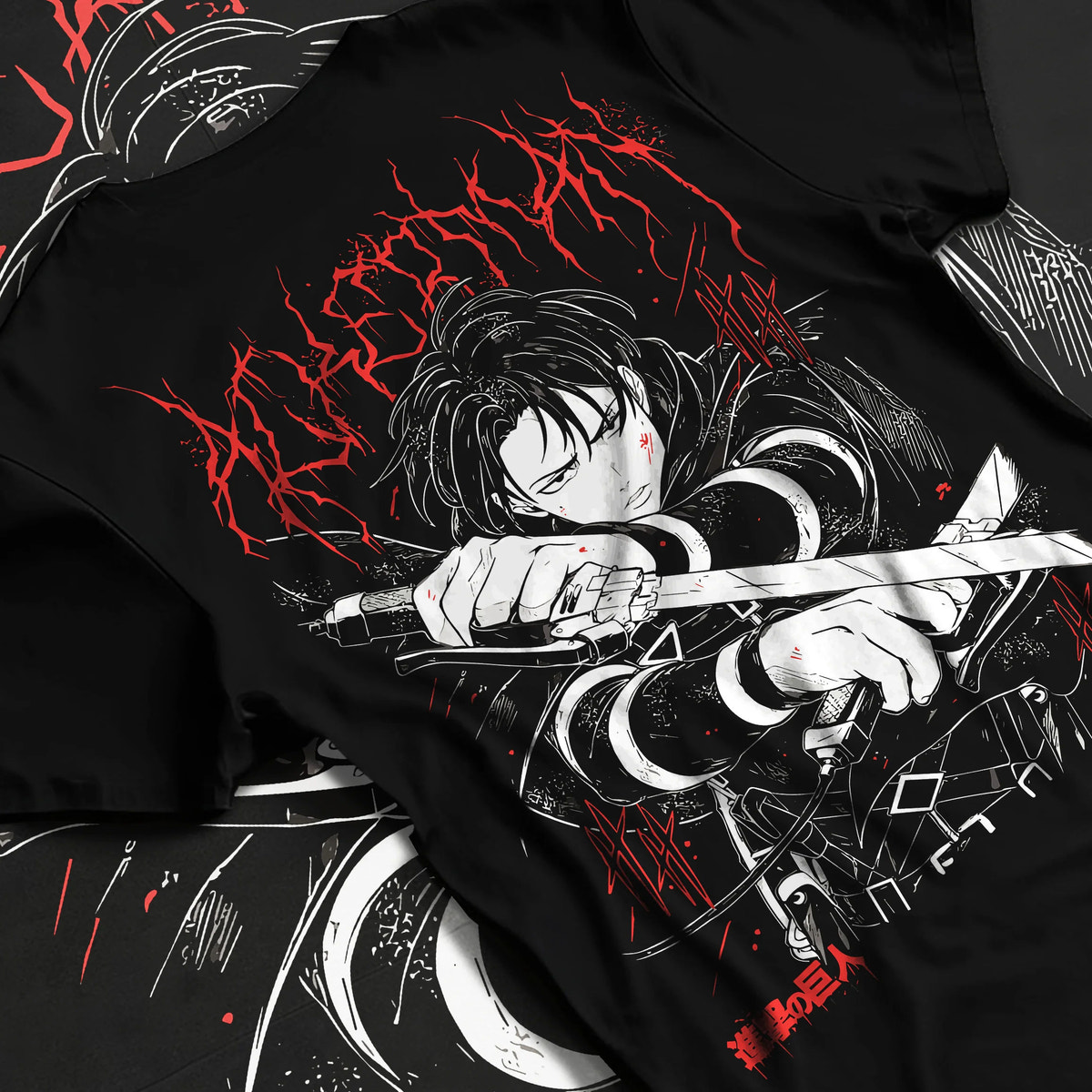 Black T-shirt flat back view showing Levi Ackerman from Attack on Titan: dark sword fighter design