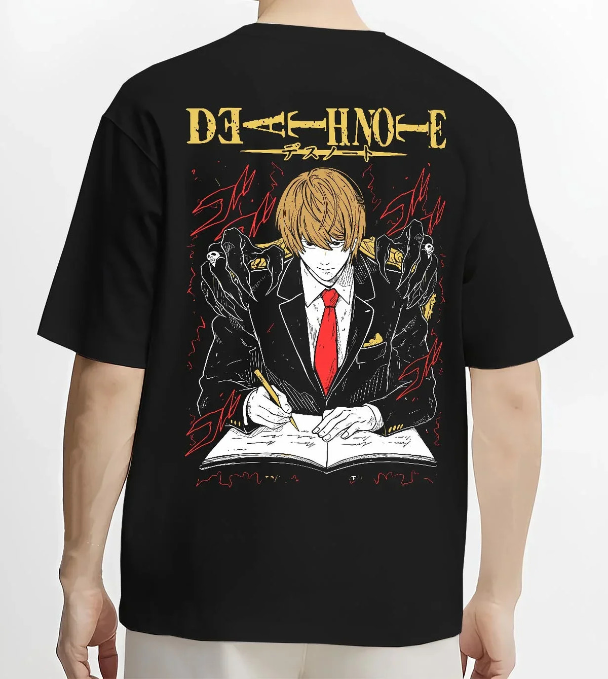 Black T-shirt worn by male model, back view with Light Yagami Hoodie Death Note Kira Retro Villain graphic streetwear graphic.