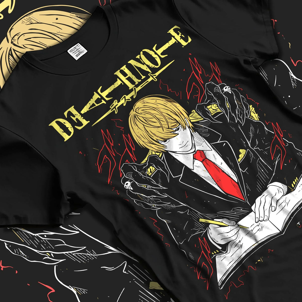 Black T-shirt laid flat with natural folds with Light Yagami Hoodie Death Note Kira Retro Villain graphic bold anime graphic.