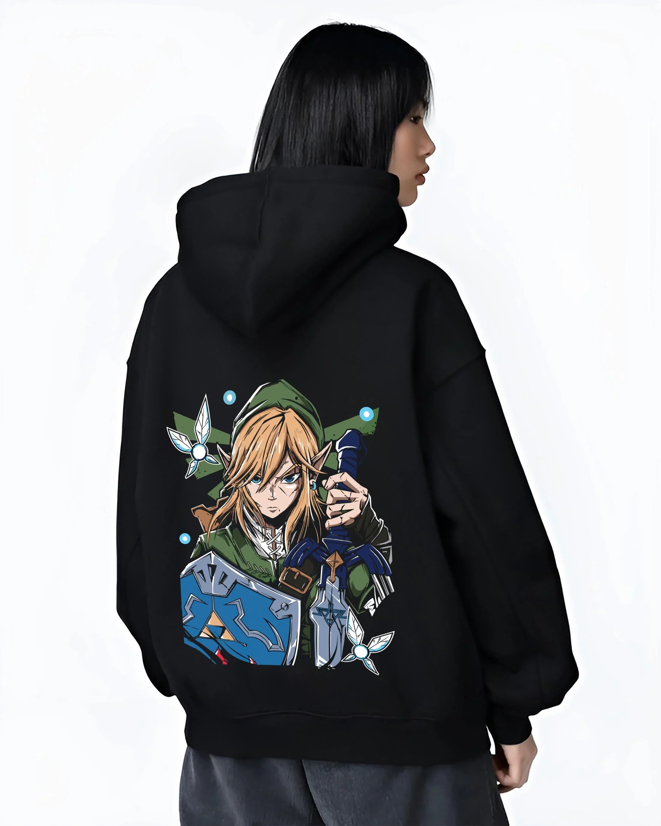 Black hoodie worn by female model, back view with Demon Slayer Douma Eye Mask Hoodie Upper Moon graphic premium wear.