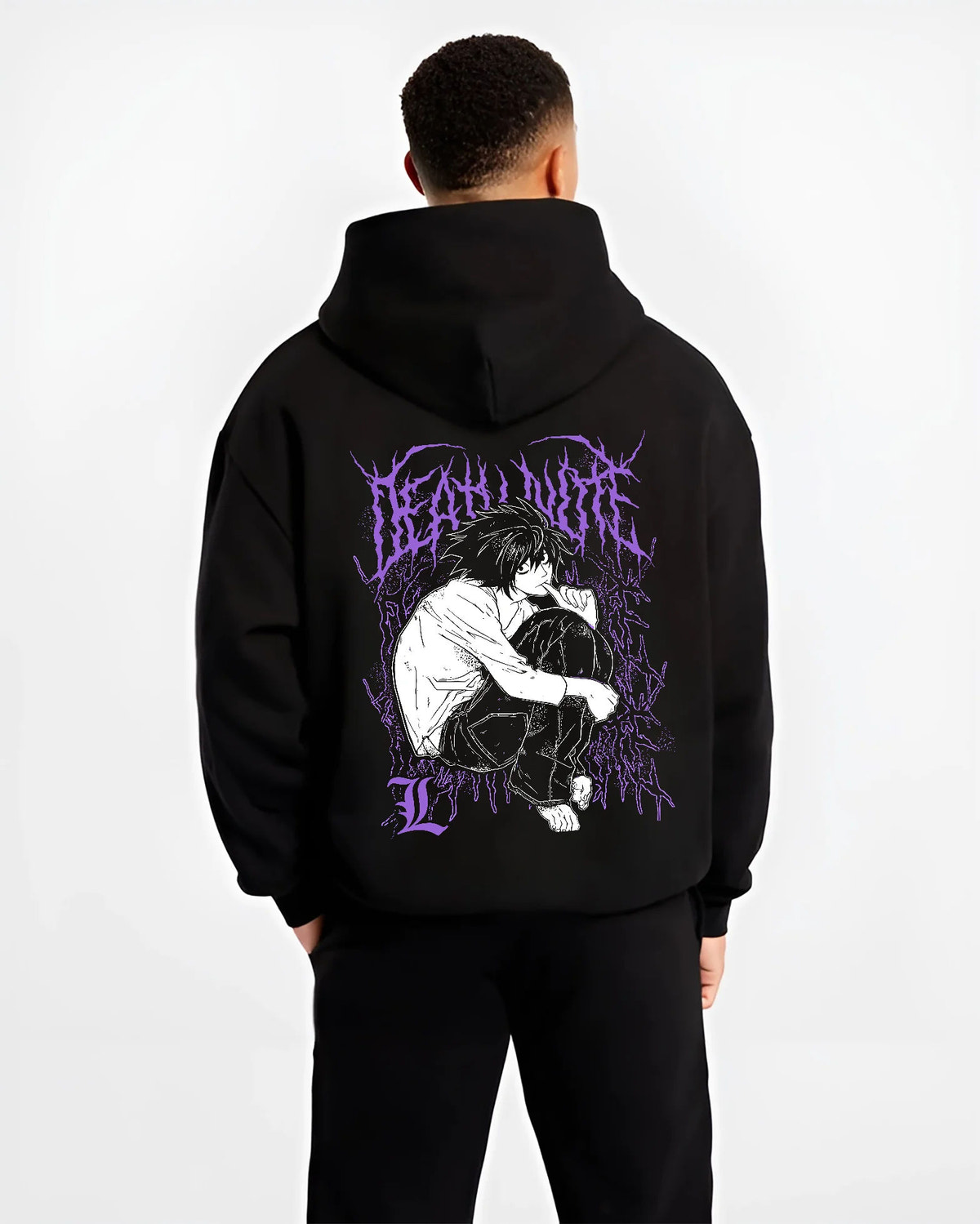 Black hoodie model back view with L Lawliet crouching and thinking from Death Note illustrated back graphic