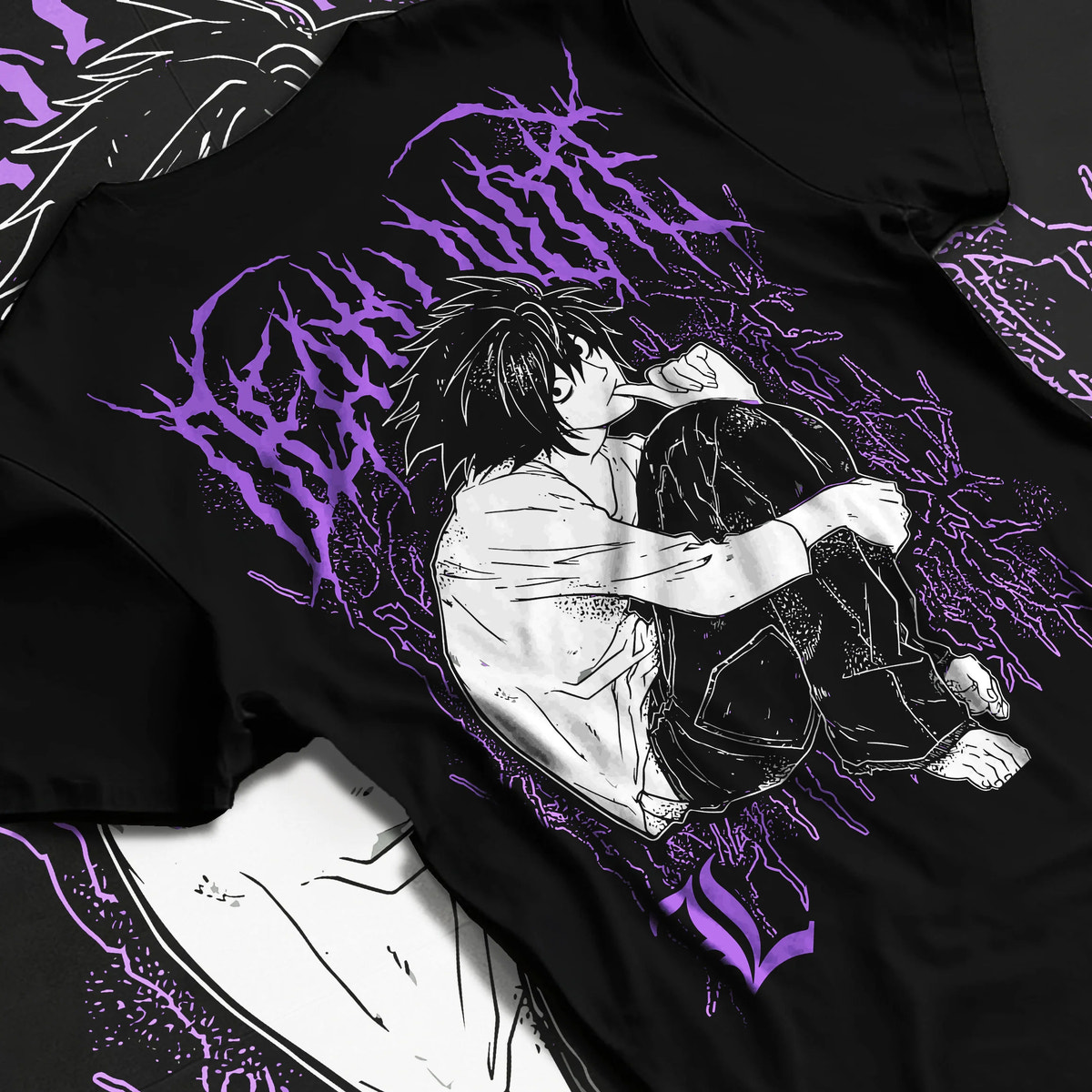 Black T-shirt flat back view with L Lawliet crouching and thinking from Death Note illustrated back graphic