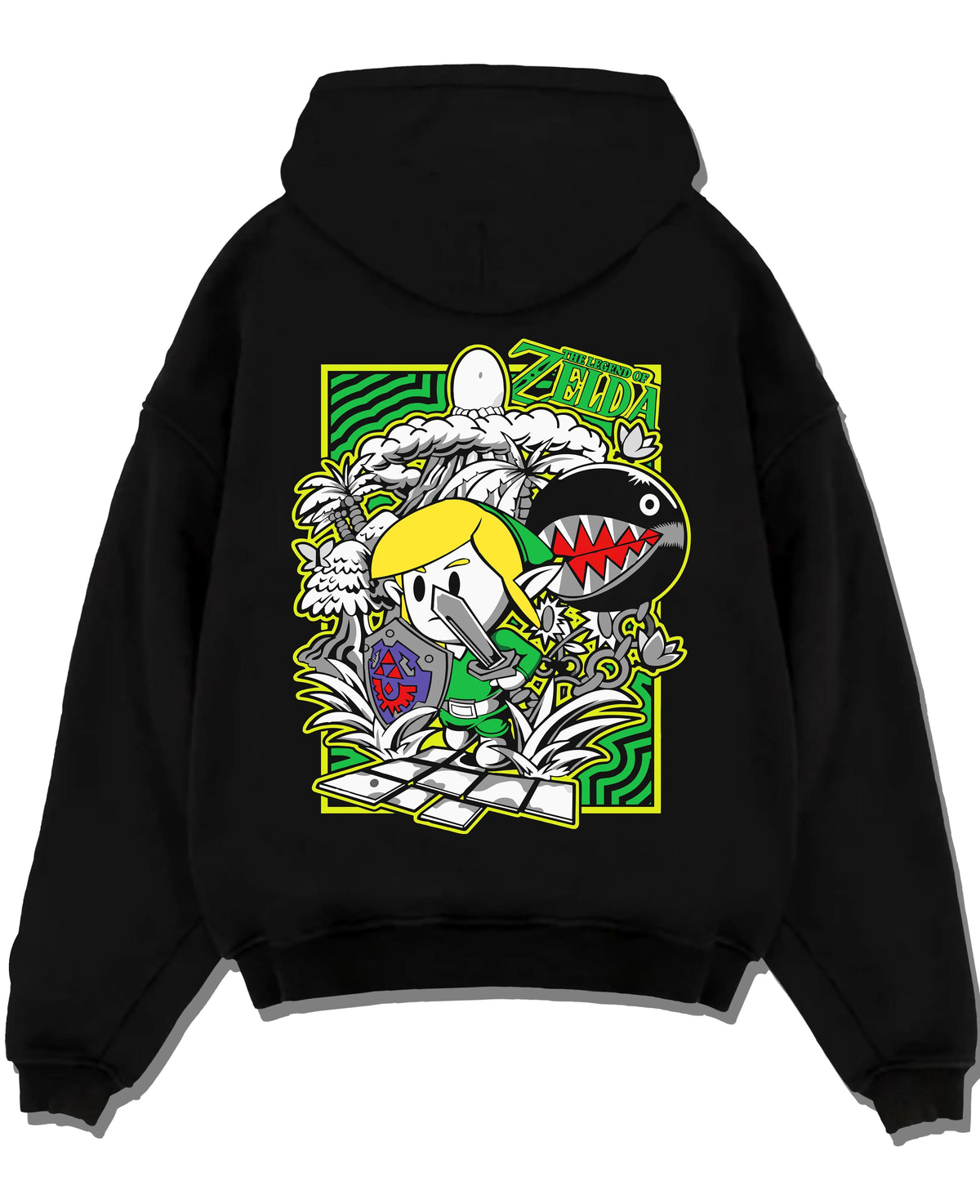 Black hoodie laid flat featuring Link with the Master Sword artwork.