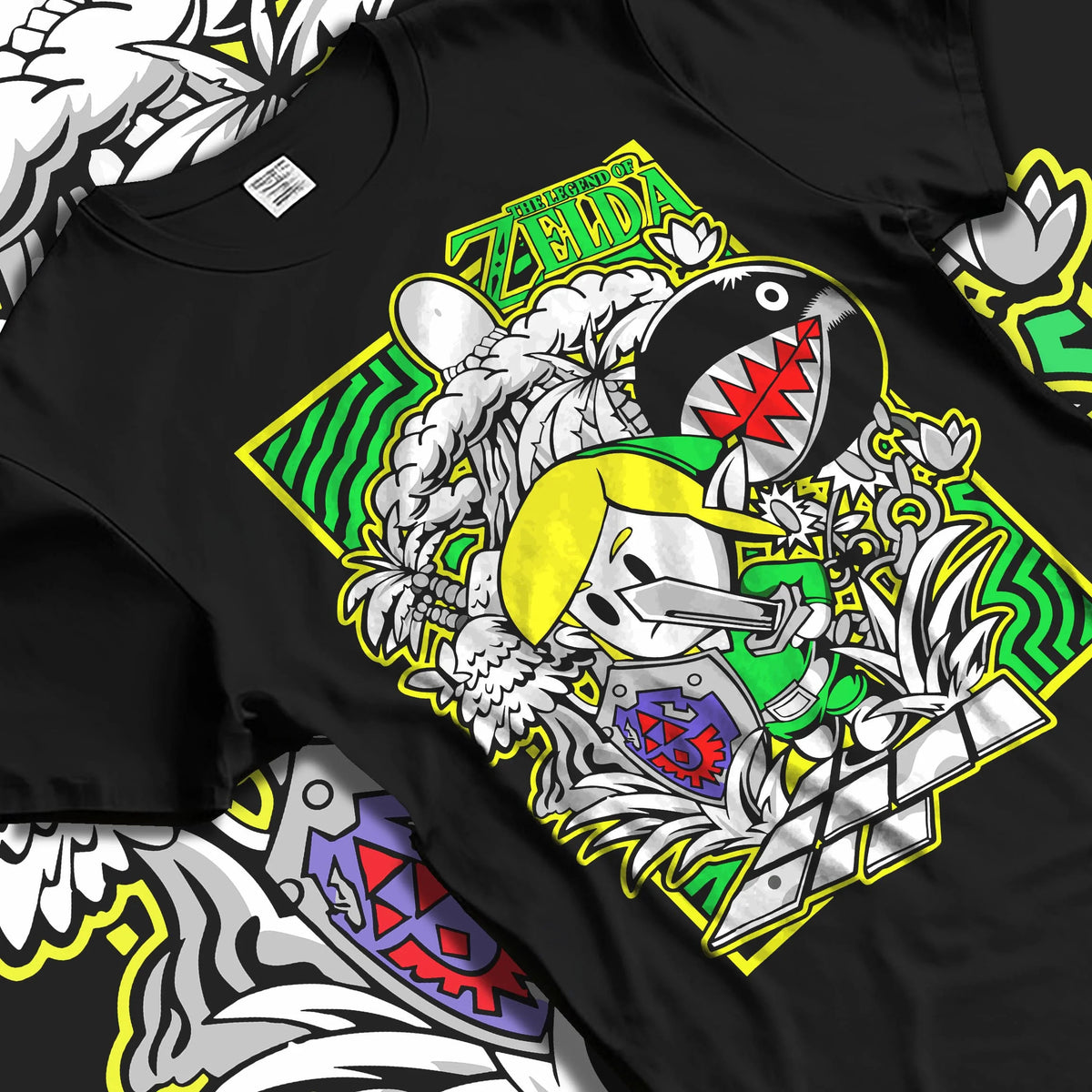 Black T-shirt laid flat with natural folds featuring Link with the Master Sword artwork.