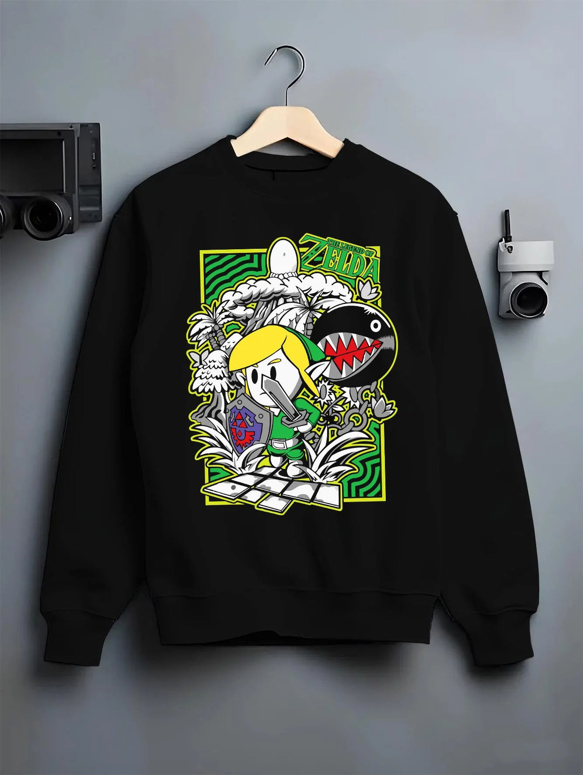 Black crewneck sweatshirt on hanger featuring Link with the Master Sword artwork.